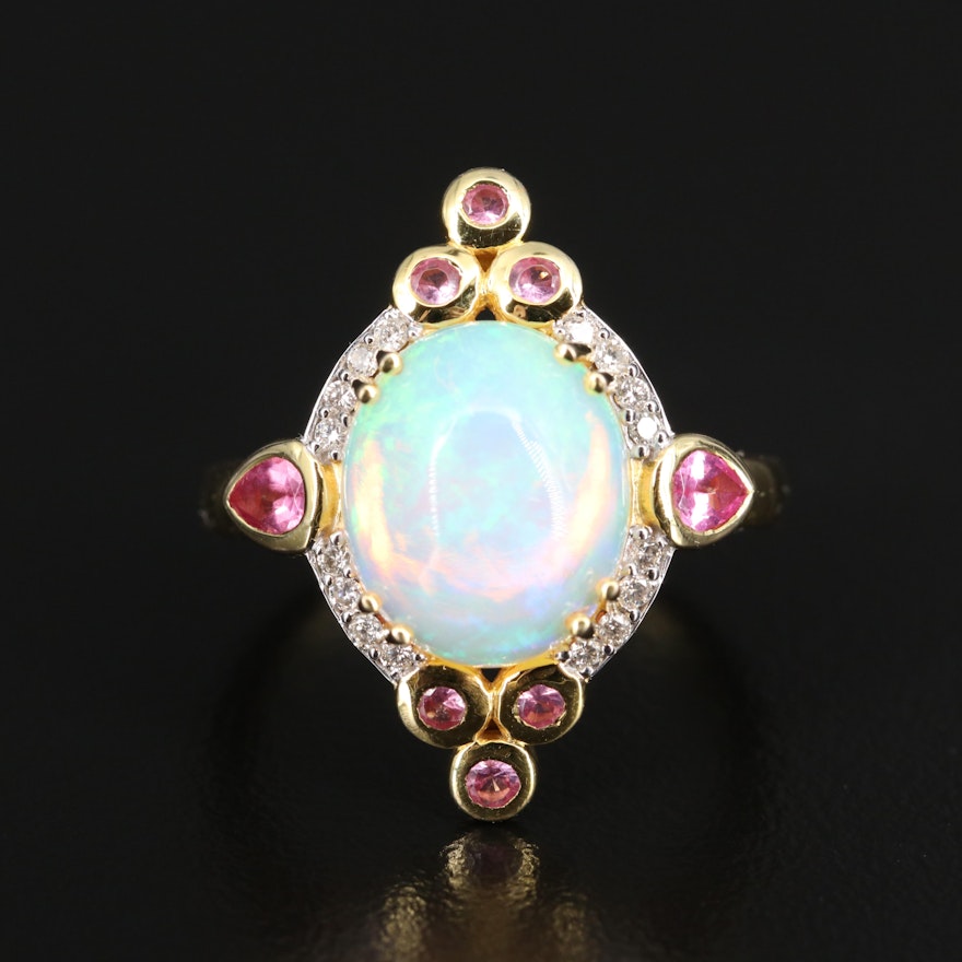 14K Opal, Sapphire and Diamond Ring