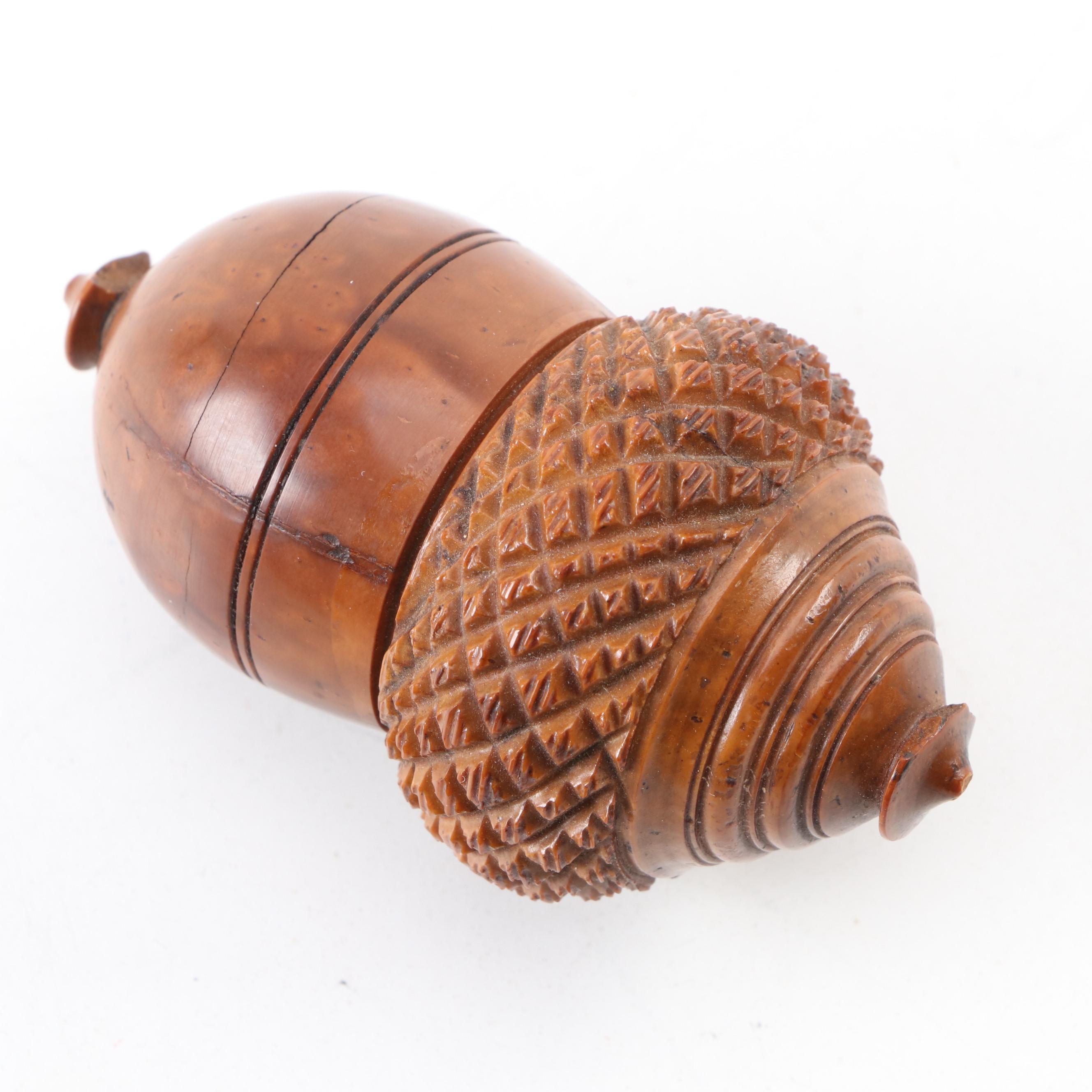 English Carved Coquilla Nut Acorn Form Nutmeg Grater, Antique
