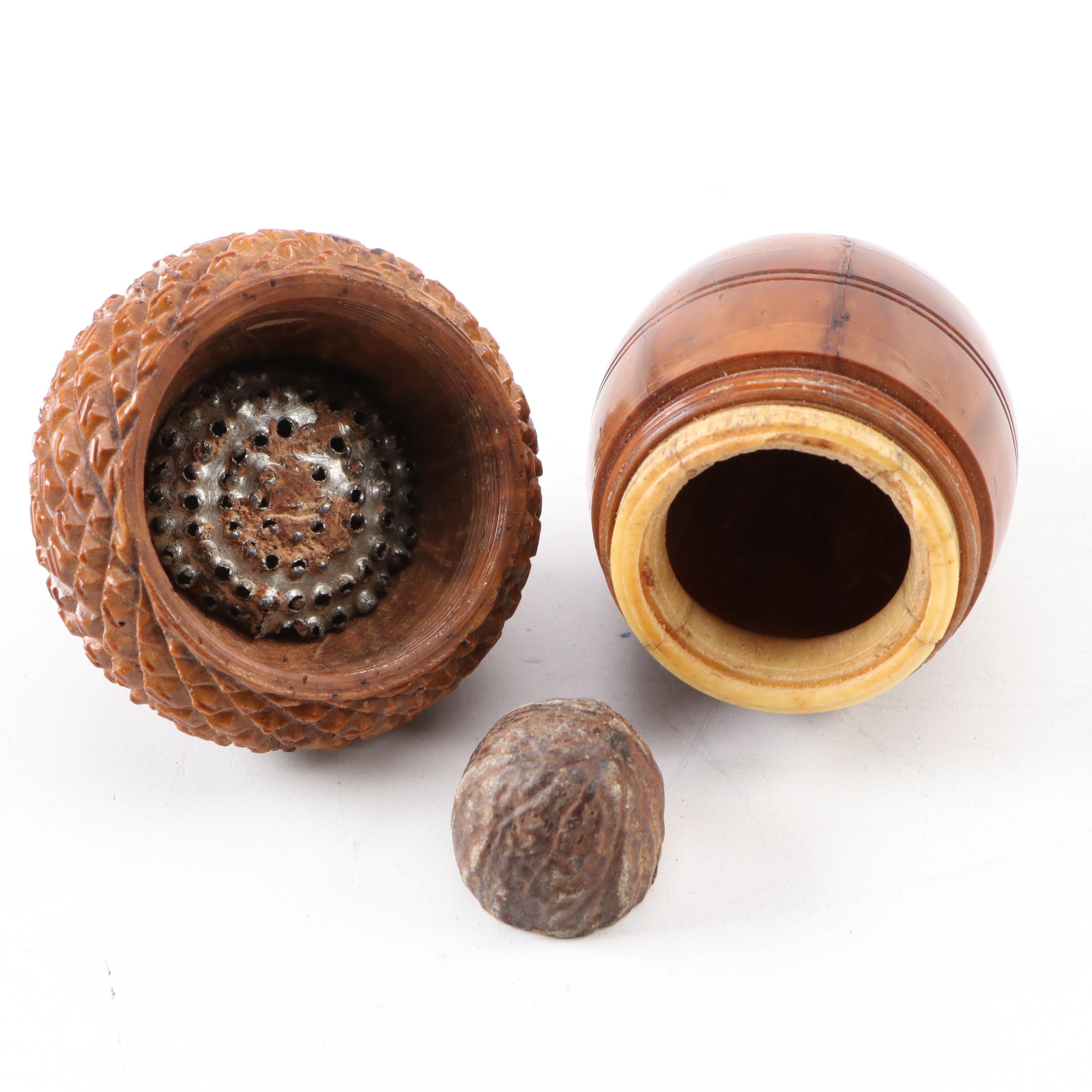 English Carved Coquilla Nut Acorn Form Nutmeg Grater, Antique