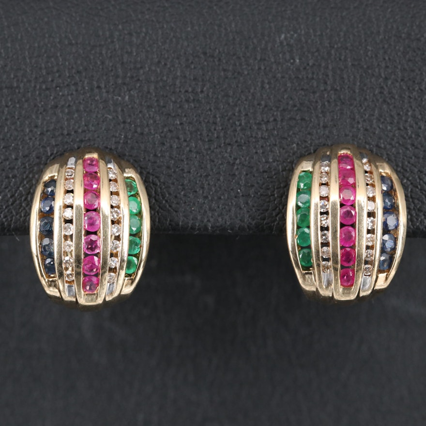 10K Ruby, Sapphire, Emerald and Diamond Button Earrings