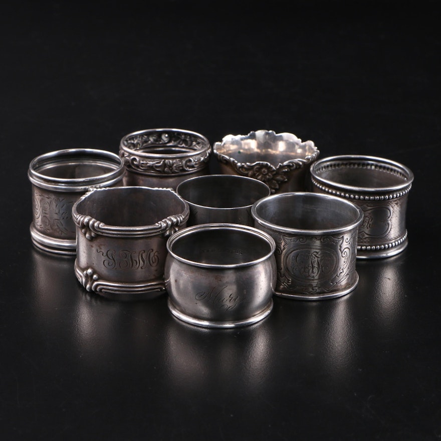 Gorham and Other Sterling, Coin Silver, and 800 Silver Napkin Rings, Antique