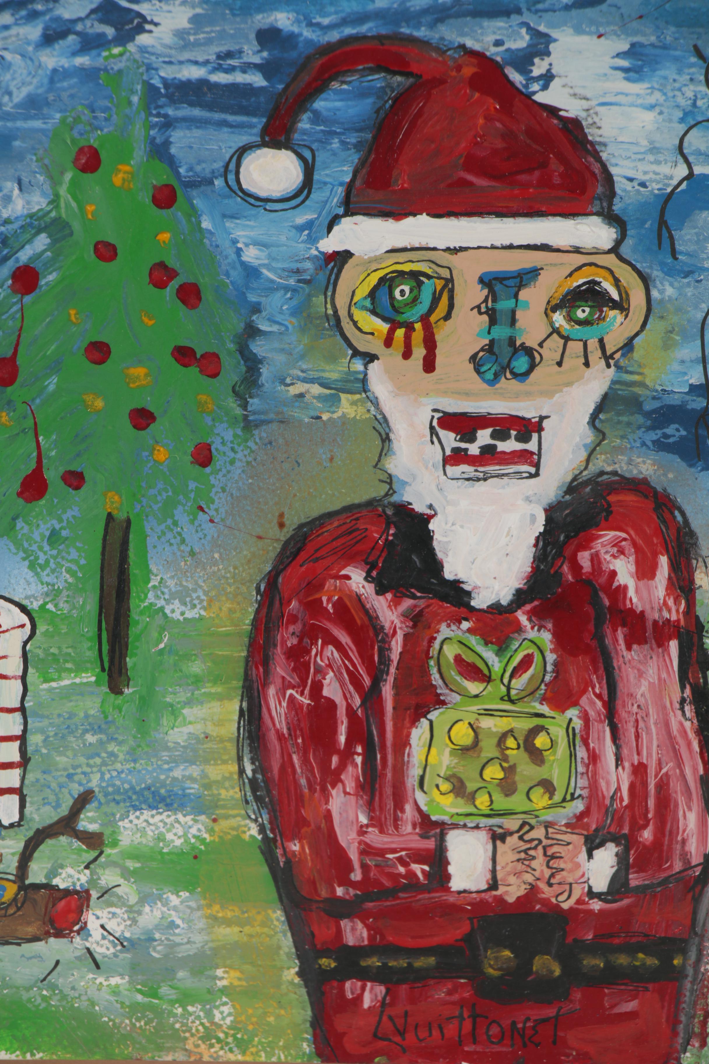 Louis Vuittonet Folk Art Mixed Media Painting of Santa Claus, 21st Century