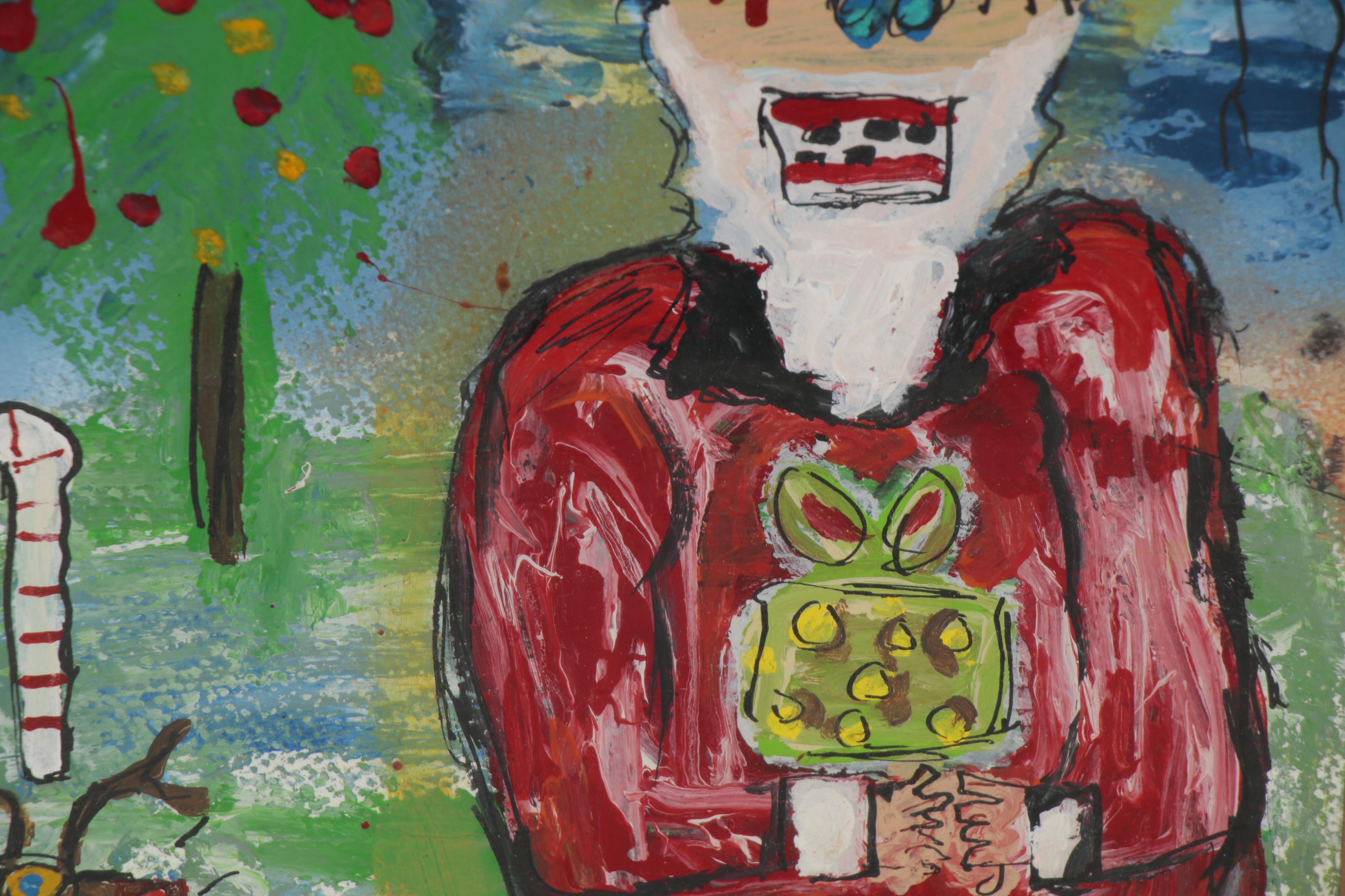 Louis Vuittonet Folk Art Mixed Media Painting of Santa Claus, 21st Century