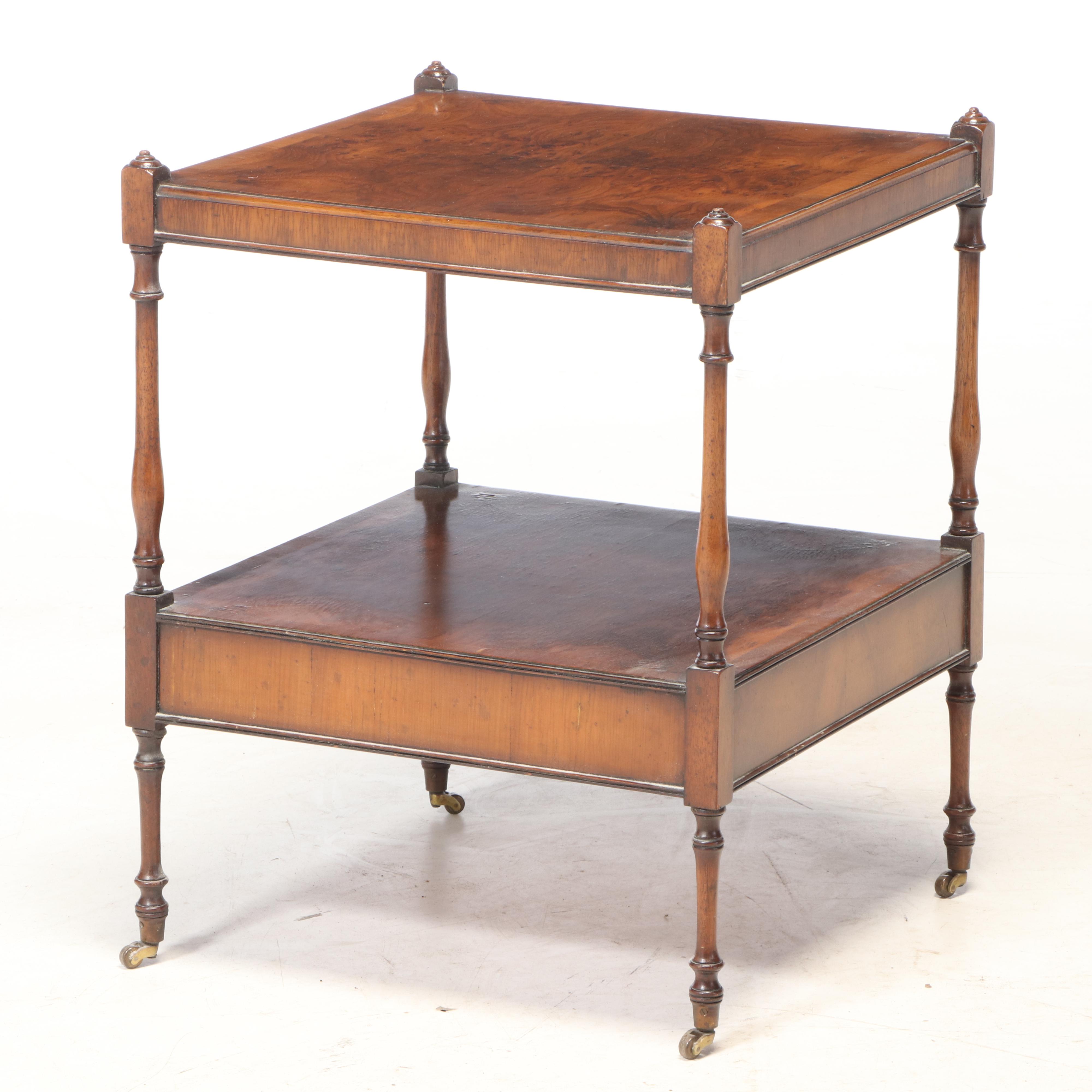 Regency Style Burr Yew and Crossbanded Two-Tier Side Table, 20th Century