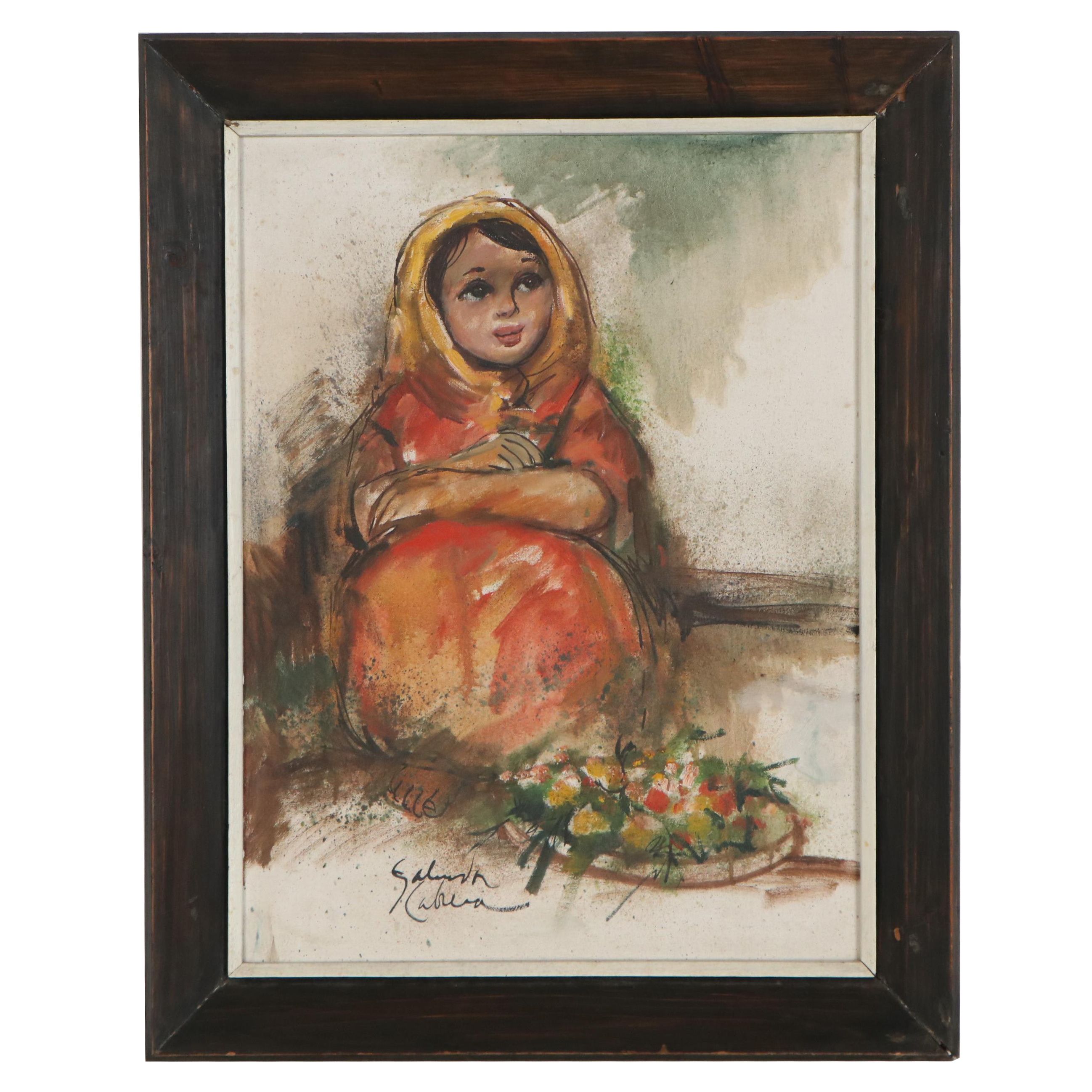 Salvador Cabrera Oil Painting of Girl, Mid-20th Century