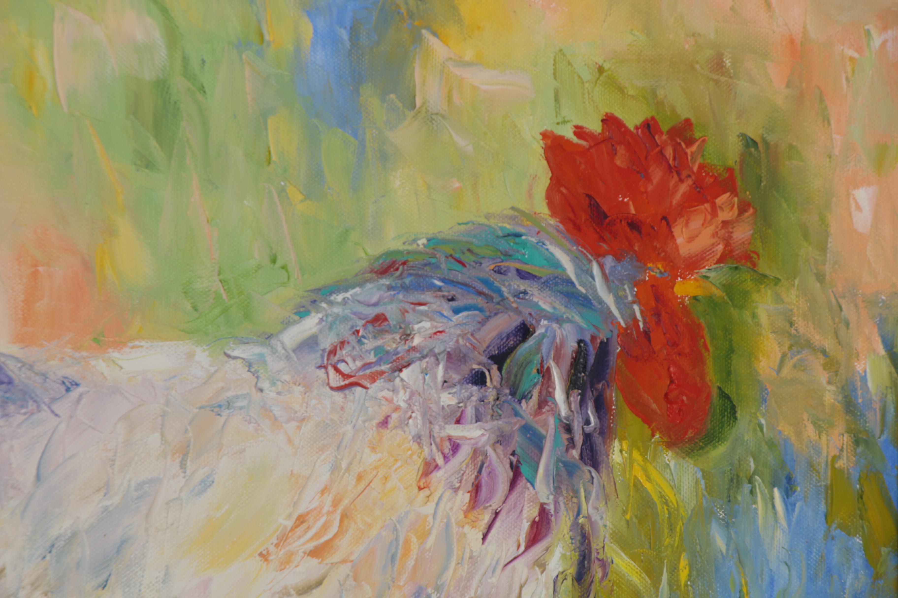 Karen Rolfes Oil Painting of a Rooster, 21st Century