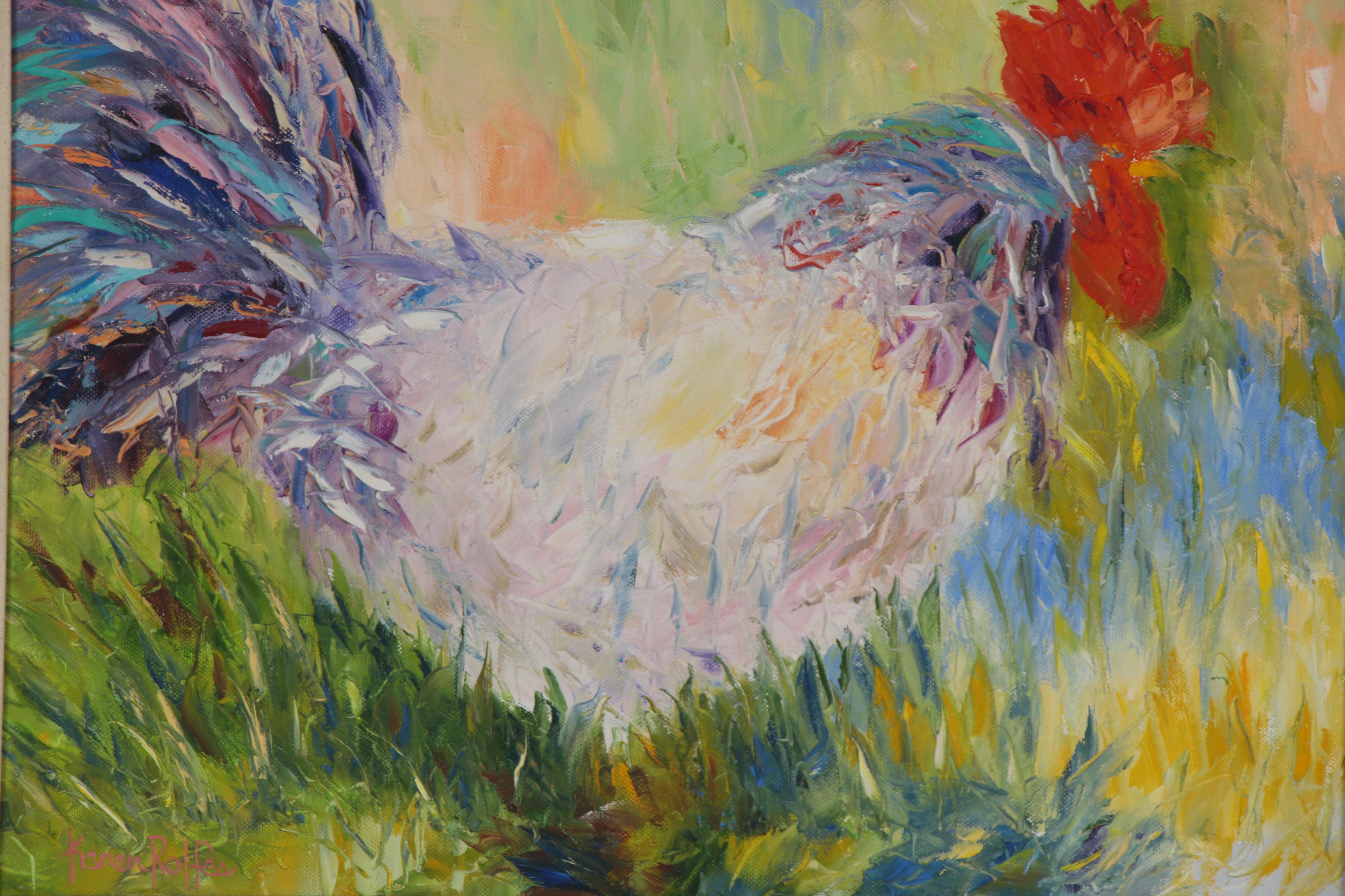 Karen Rolfes Oil Painting of a Rooster, 21st Century