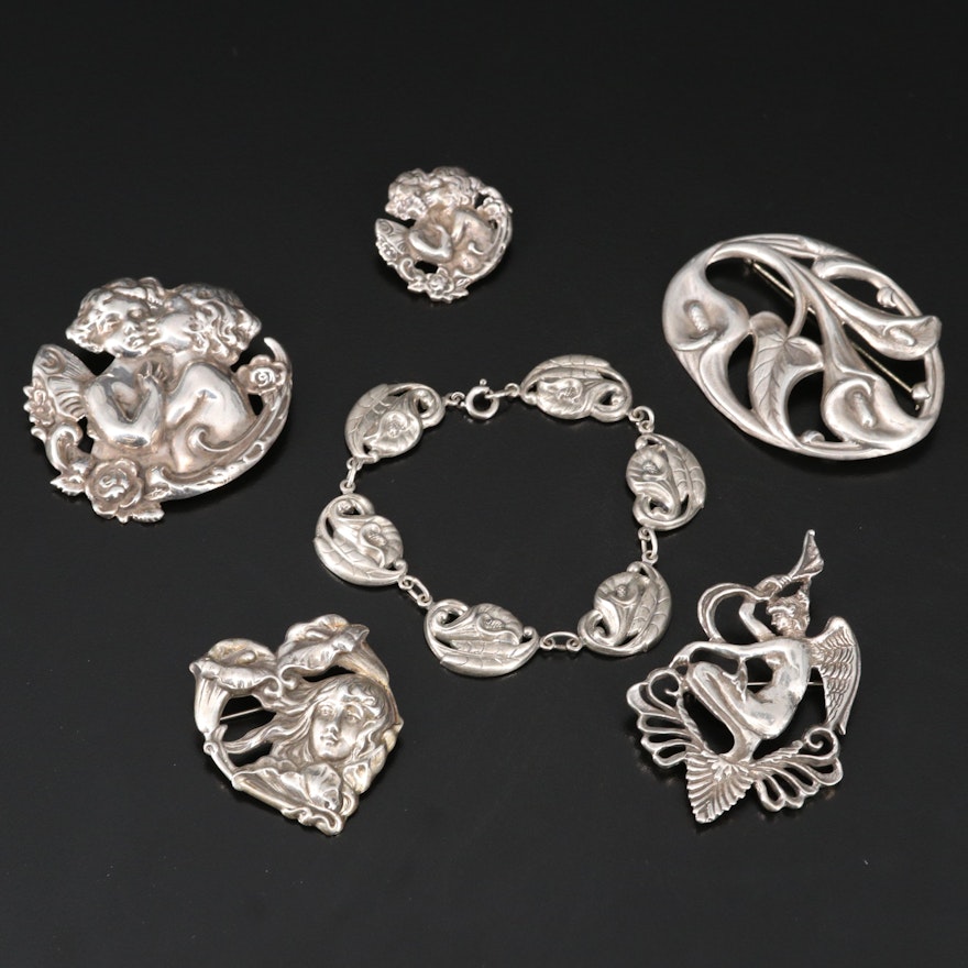 Art Nouveau Inspired Sterling Silver Figural Brooches and Floral Bracelet