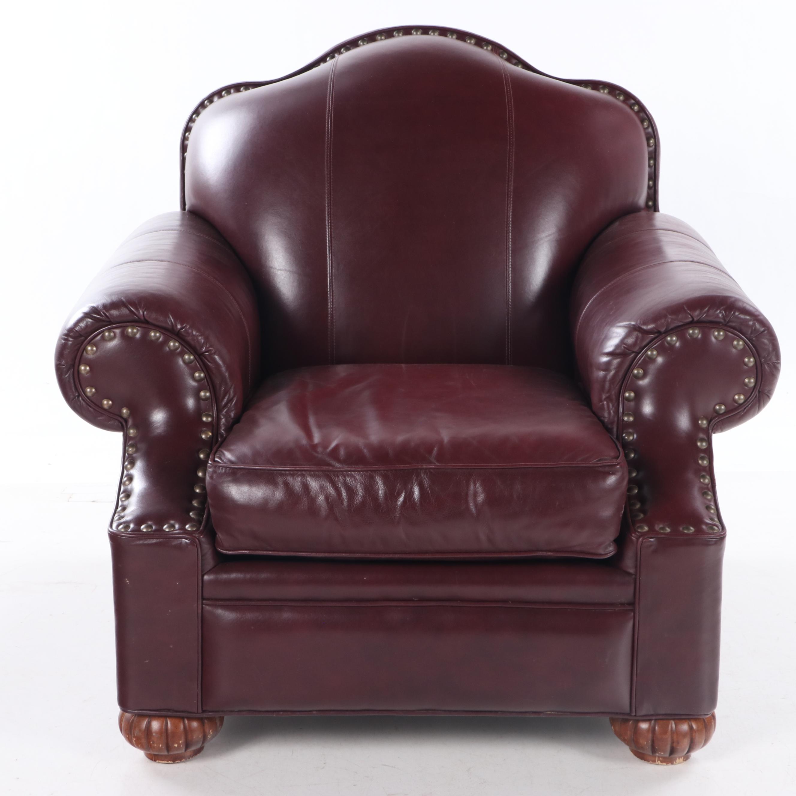 Bob Timberlake Burgundy Leather and Brass-Tacked Club Chair with Ottoman