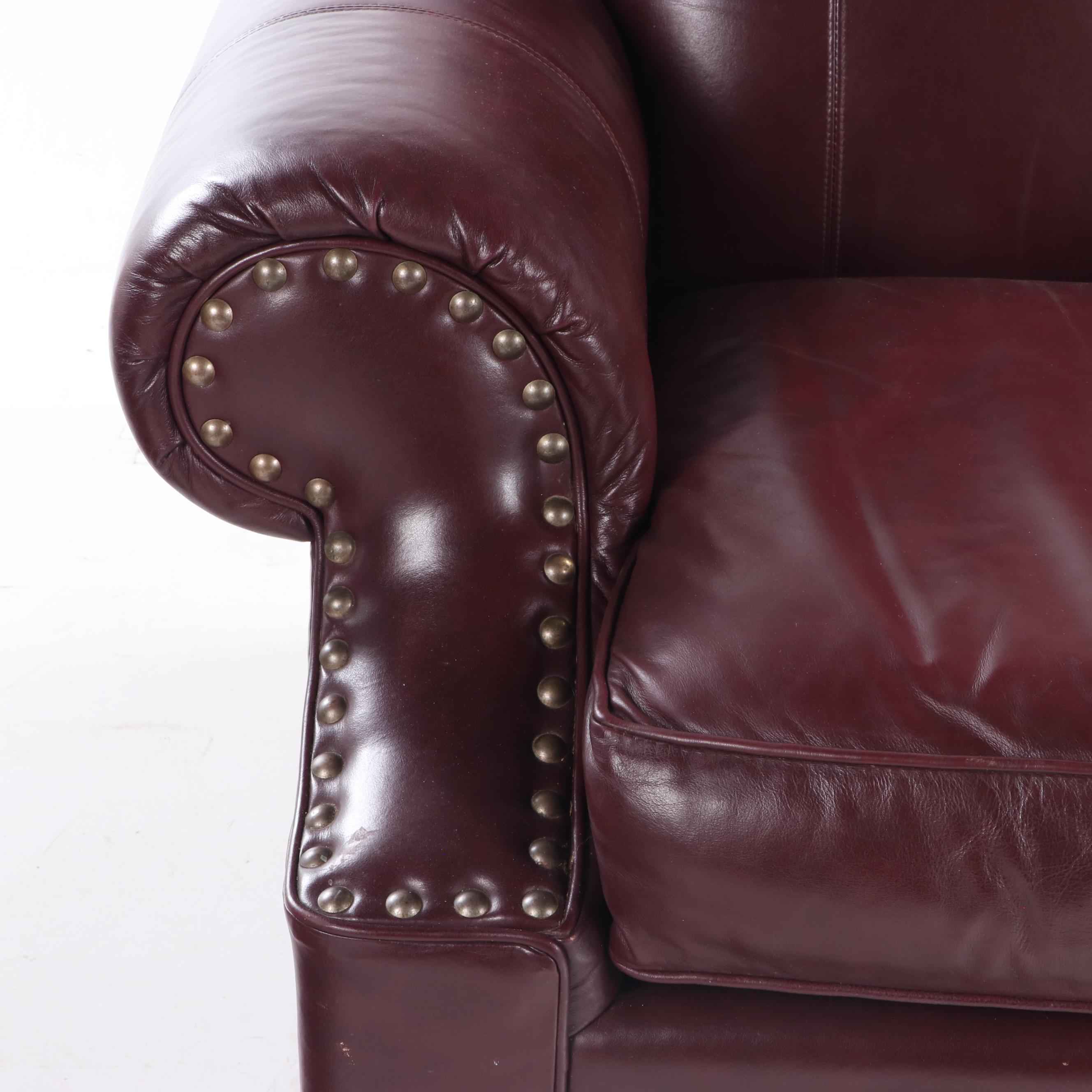 Bob Timberlake Burgundy Leather and Brass-Tacked Club Chair with Ottoman
