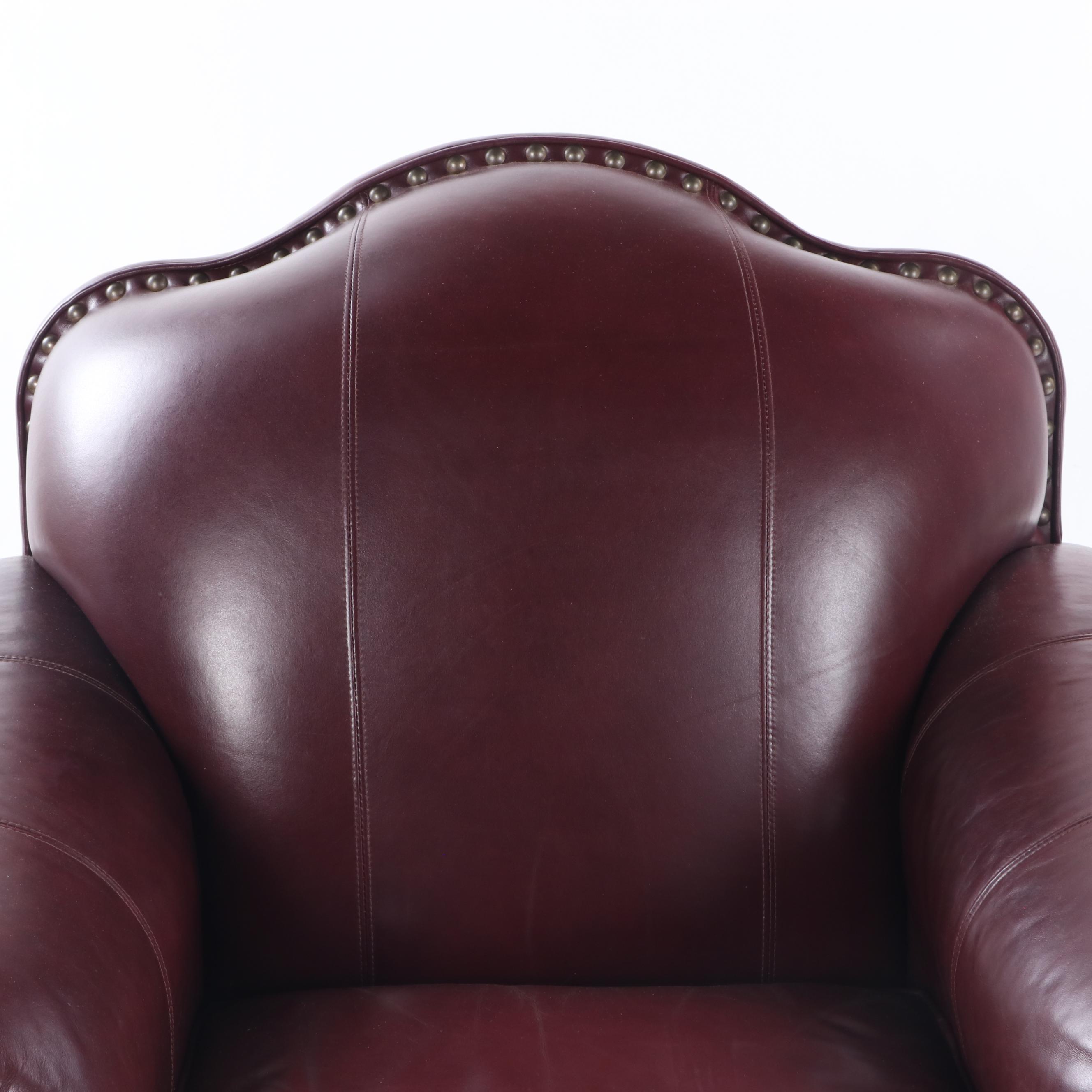 Bob Timberlake Burgundy Leather and Brass-Tacked Club Chair with Ottoman