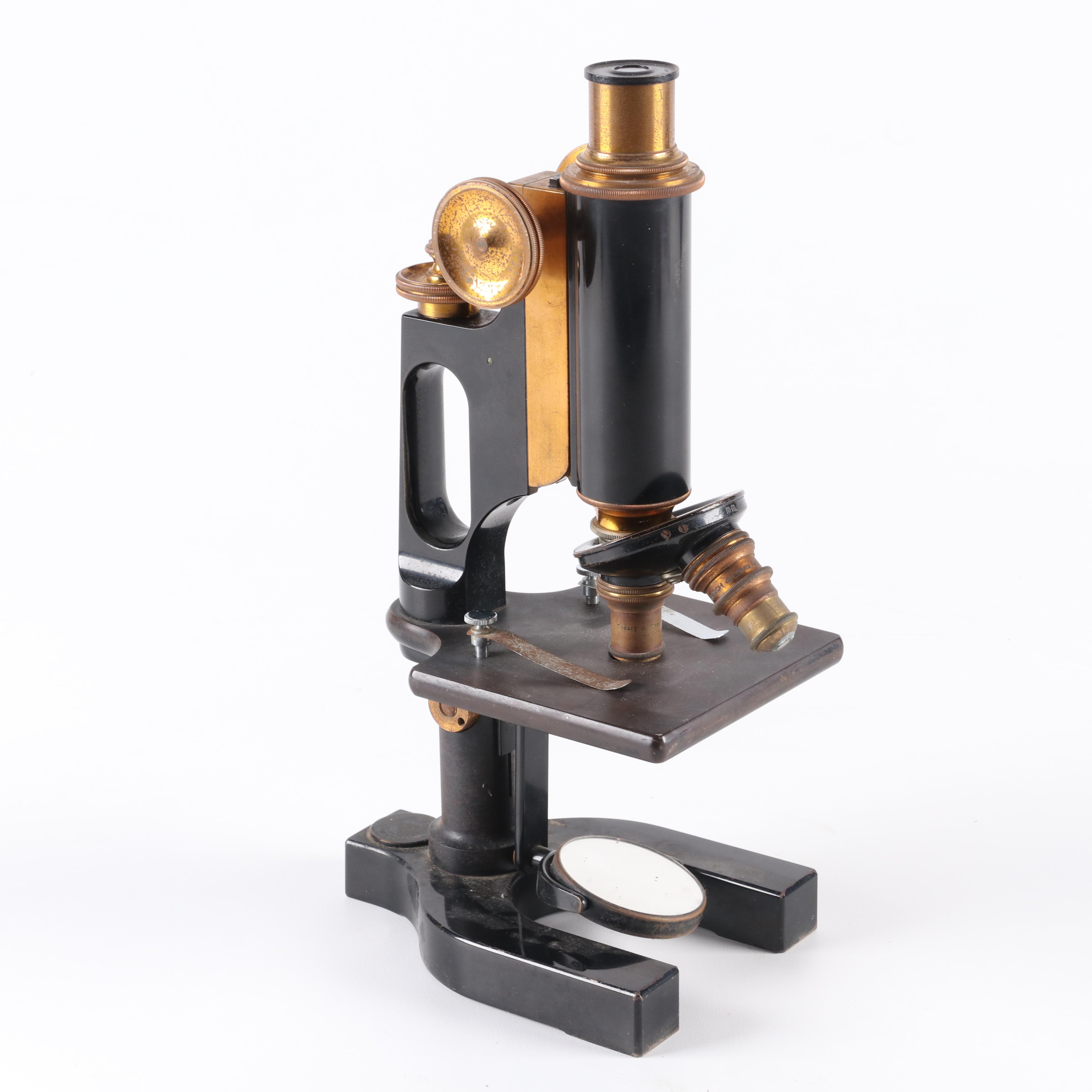 Bausch and Lomb Jug Handle Microscope with Oak Carry Case, Early 20th C