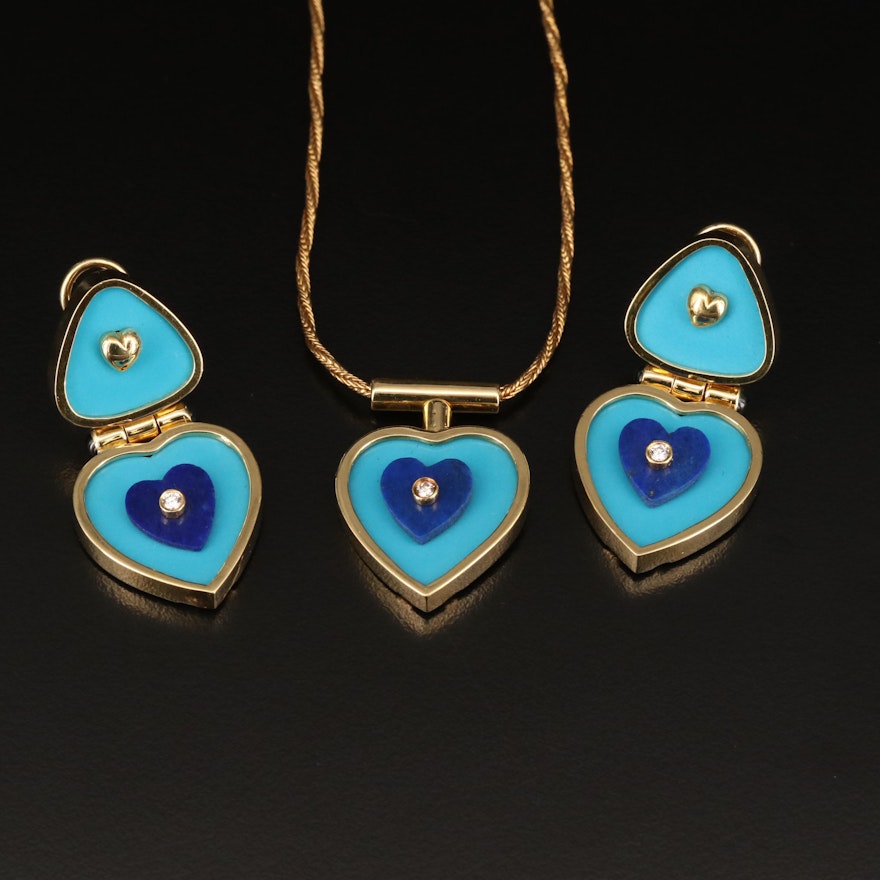 Hammerman Bros 18K Heart Necklace and Earring Set with Turquoise