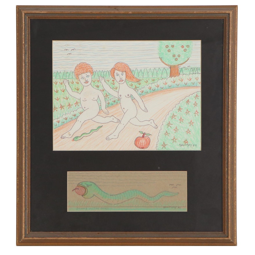 Jack Savitsky Graphite and Colored Pencil Drawings of Adam and Eve, 1989-91