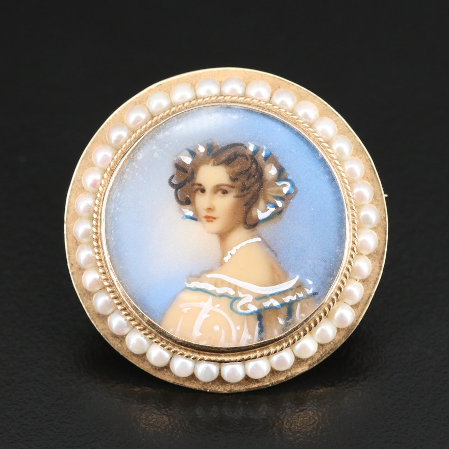 Vintage 14K Portrait and Pearl Converter Brooch