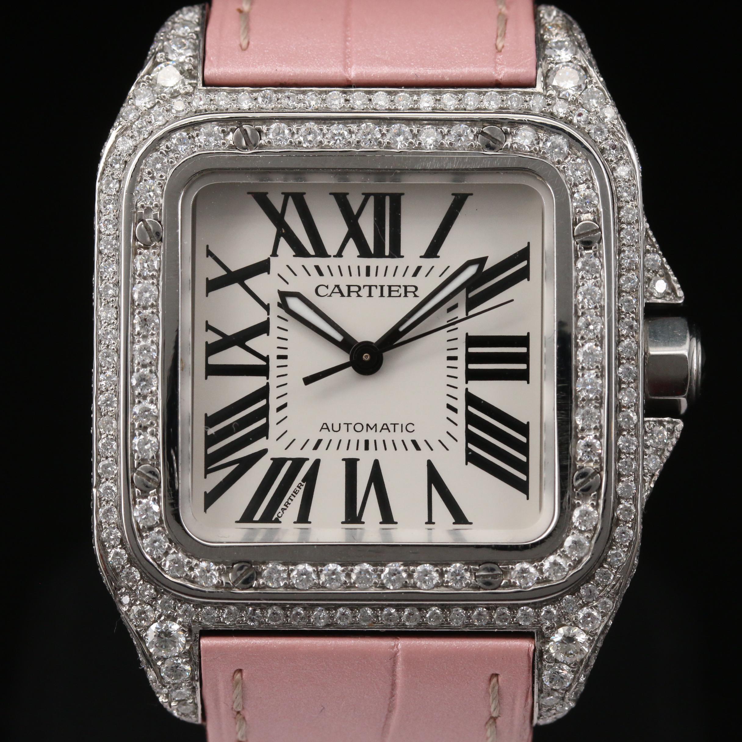 Cartier "Santos 100" Custom 3.71 CTW Diamond Dial and Stainless Steel Watch