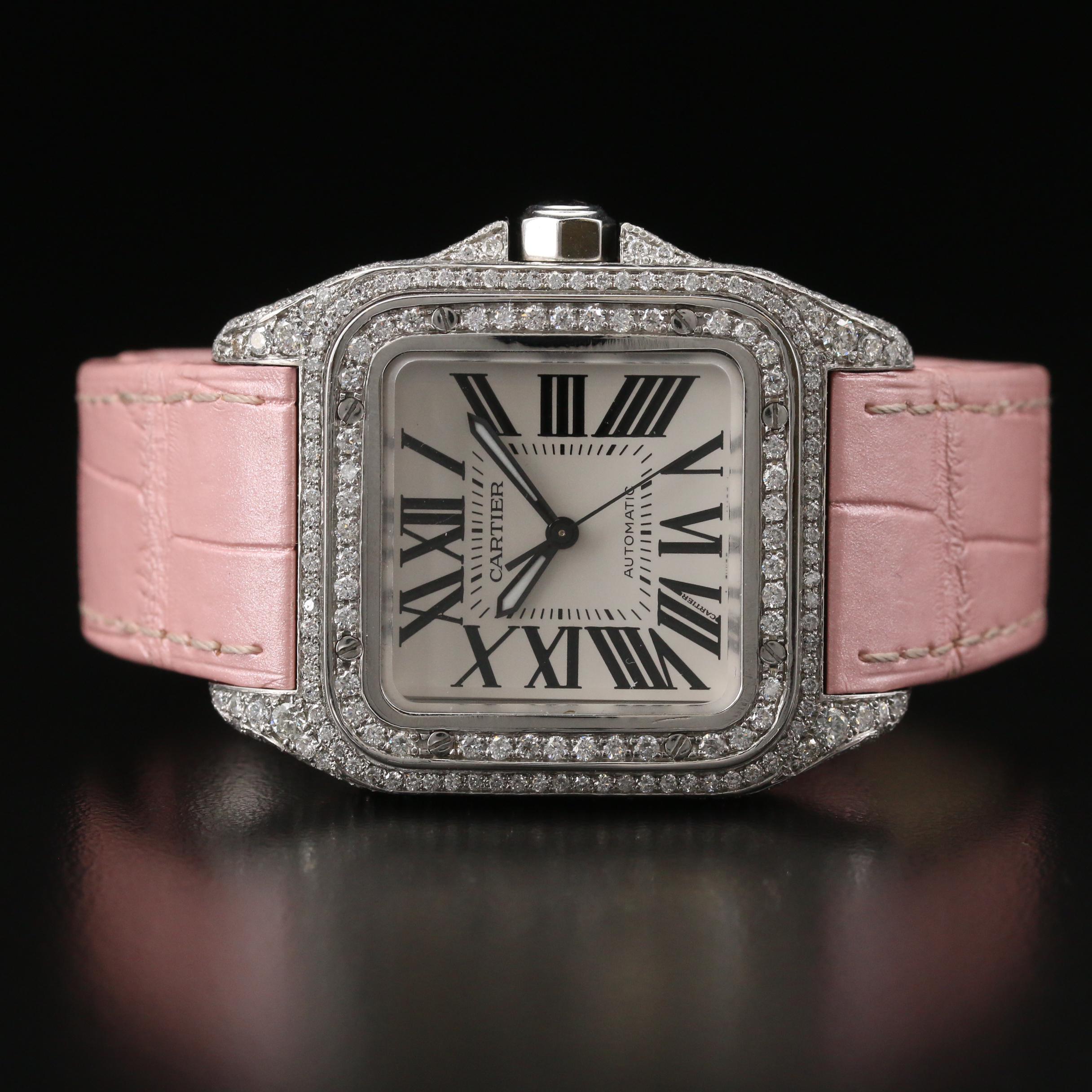 Cartier "Santos 100" Custom 3.71 CTW Diamond Dial and Stainless Steel Watch