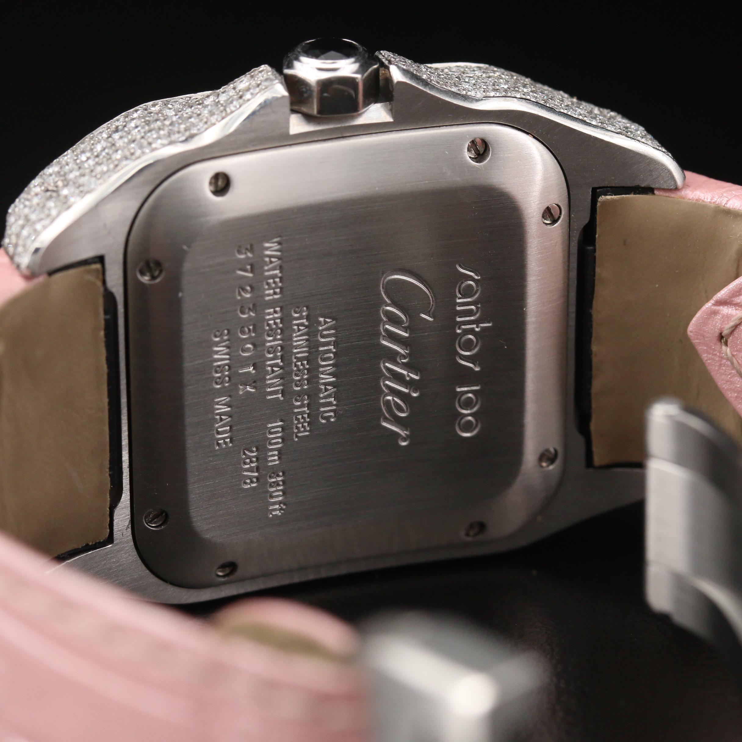 Cartier "Santos 100" Custom 3.71 CTW Diamond Dial and Stainless Steel Watch