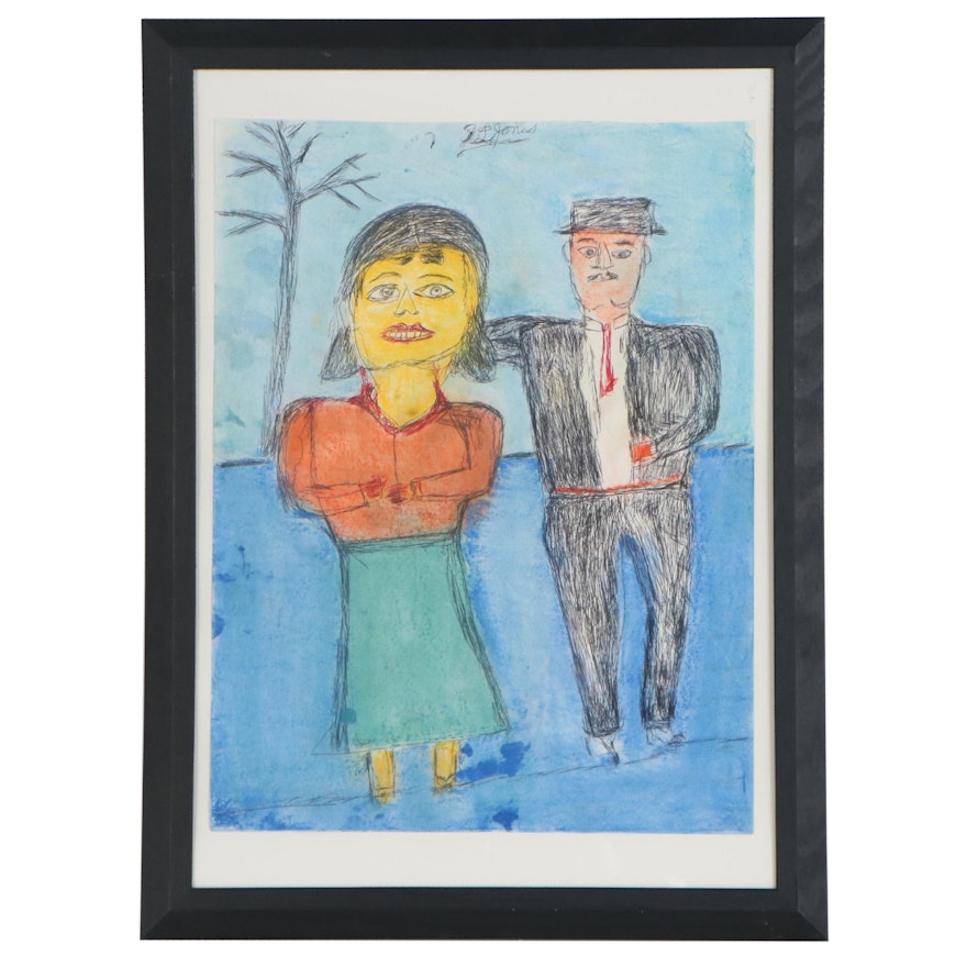 S.L. Jones Folk Art Mixed Media Drawing of Couple, Late 20th Century