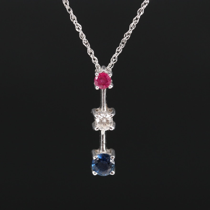 14K Ruby, Diamond and Sapphire Drop Pendant Necklace