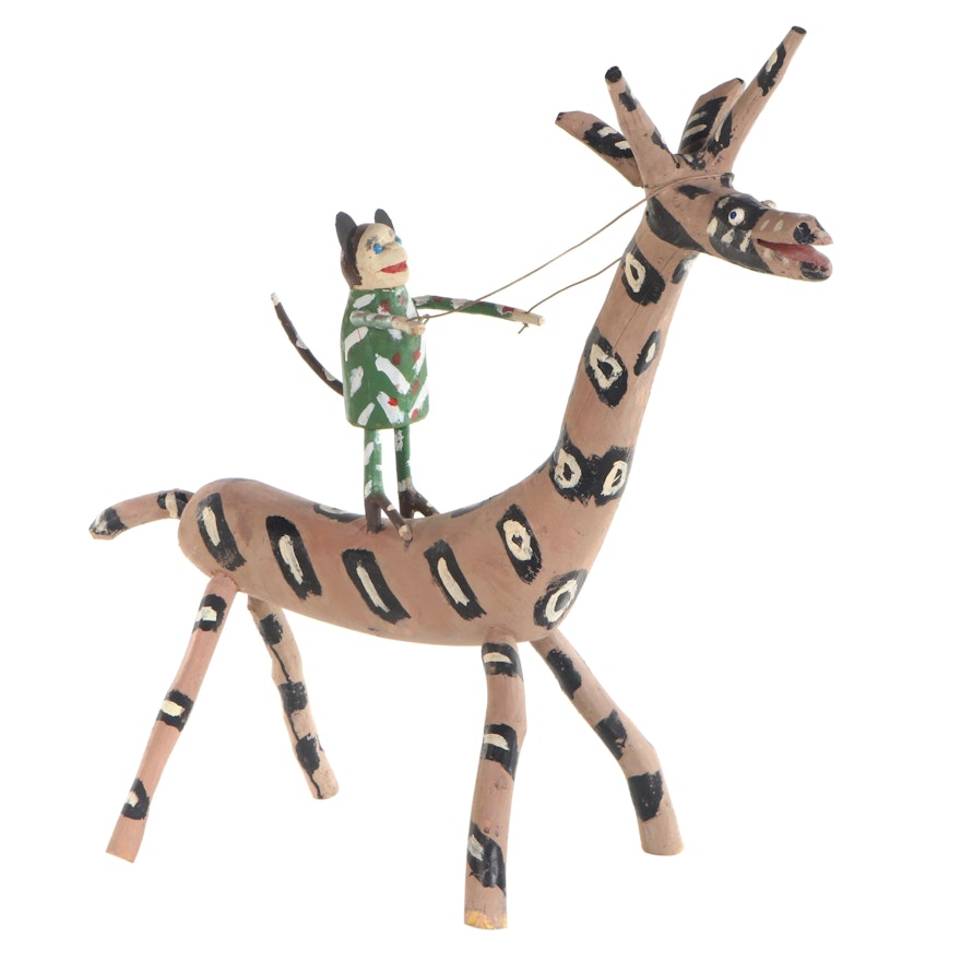 Edd Lambdin Folk Art Sculpture of Monkey Riding a Giraffe, Late 20th Century