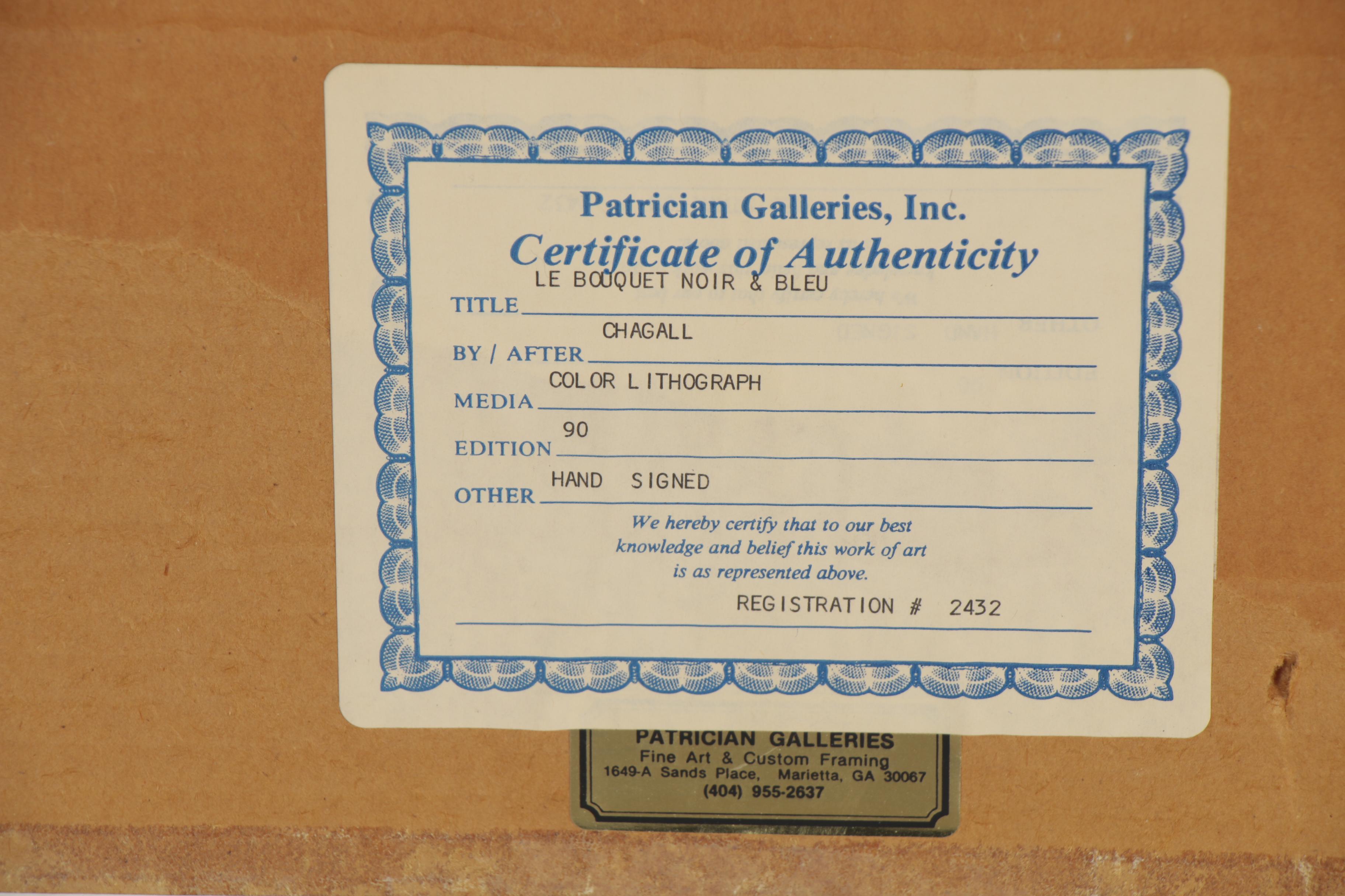 Marc Chagall Lithograph "Le Bouquet Noir et Bleu," 1957