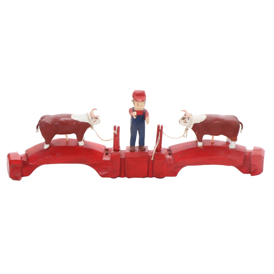 Carved Folk Art Wooden Yoke Sculpture with Man and Cows, Late 20th Century
