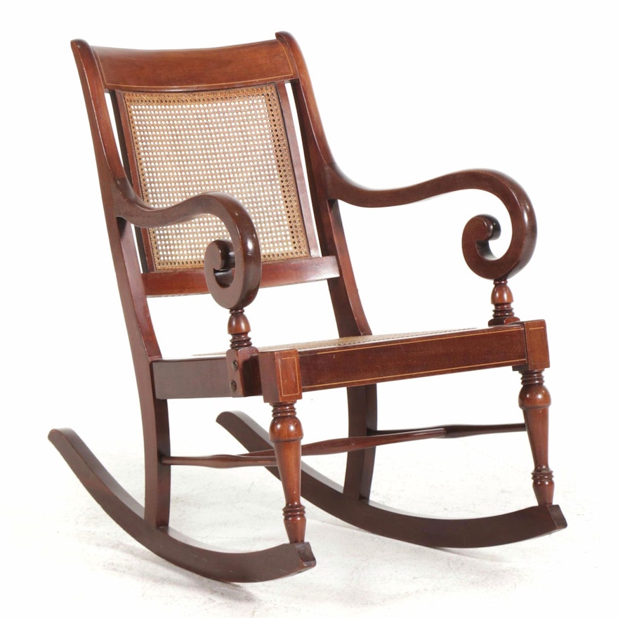 American Empire Style String-Inlaid Mahogany Caned Rocking Chair, Early 20th C.