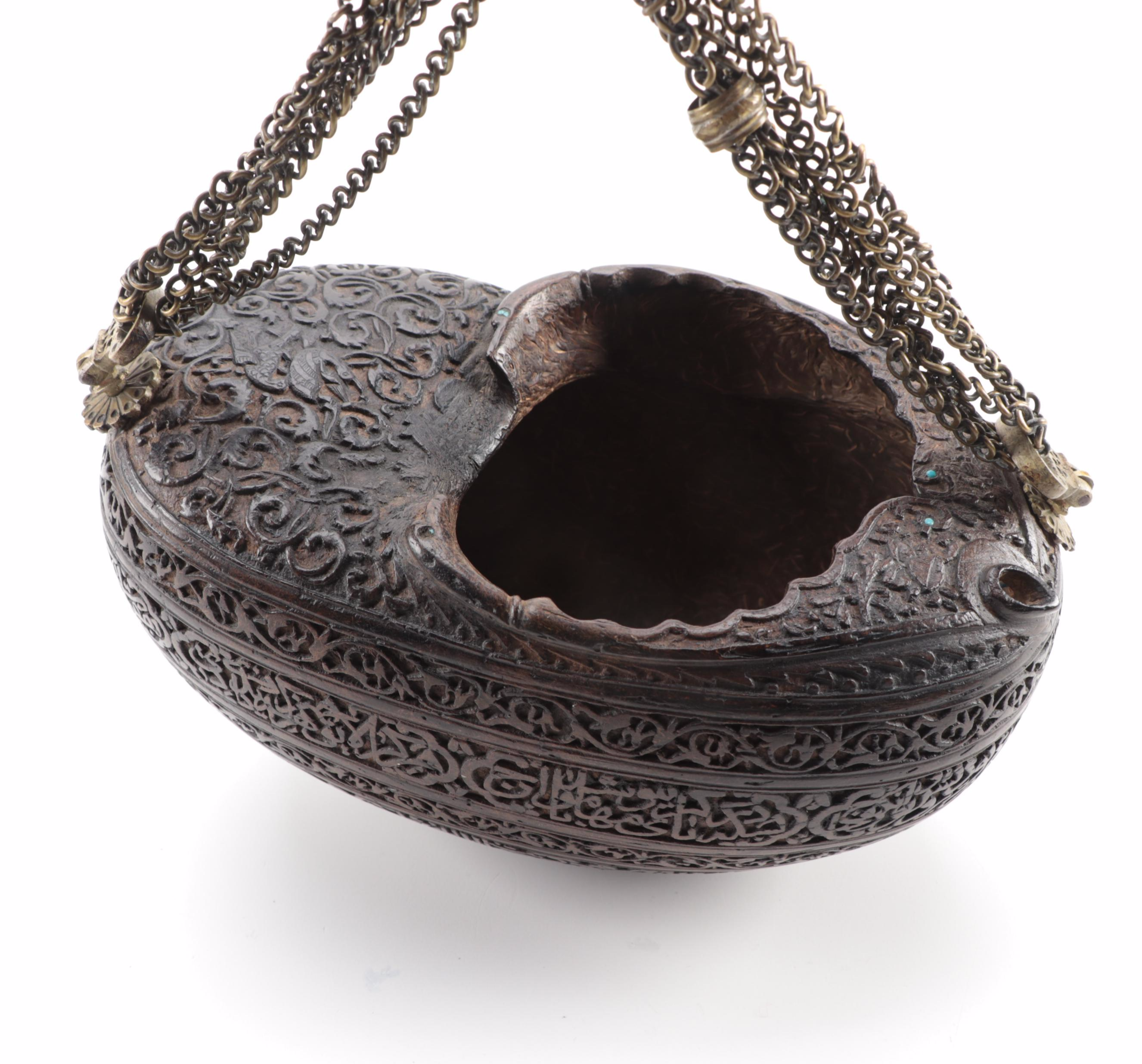 Qajar Carved Coco-de-Mer Sufi Kashkul Beggars Bowl, 19th Century