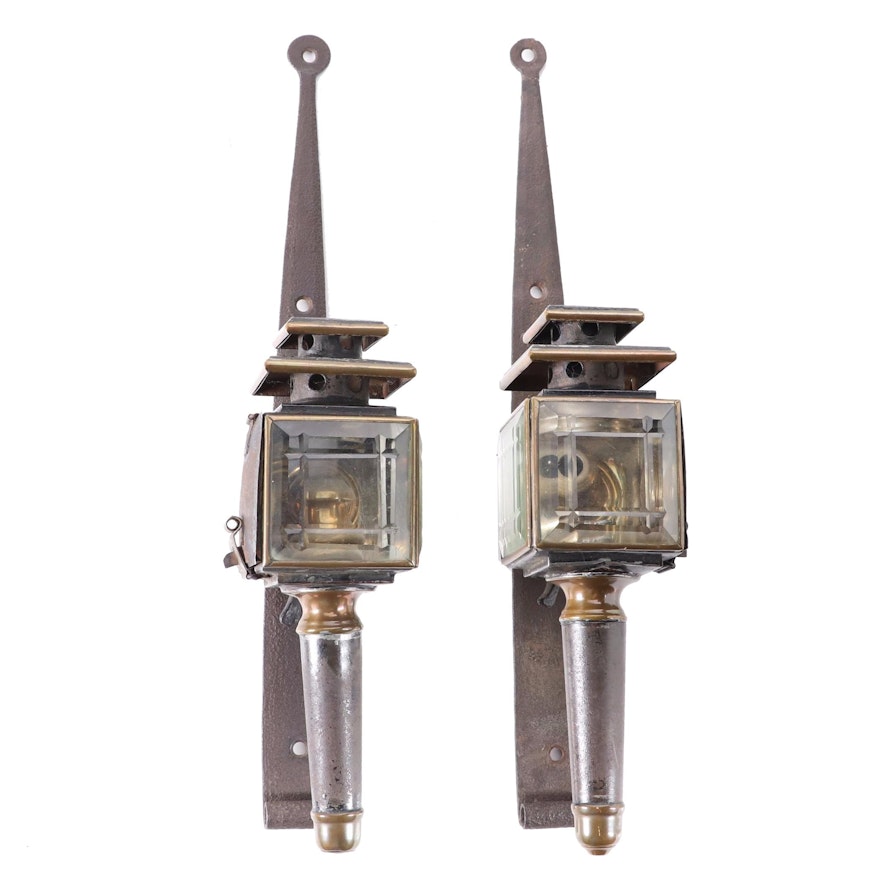 Brass and Beveled Glass Carriage Lights with Wall Mounts, Antique