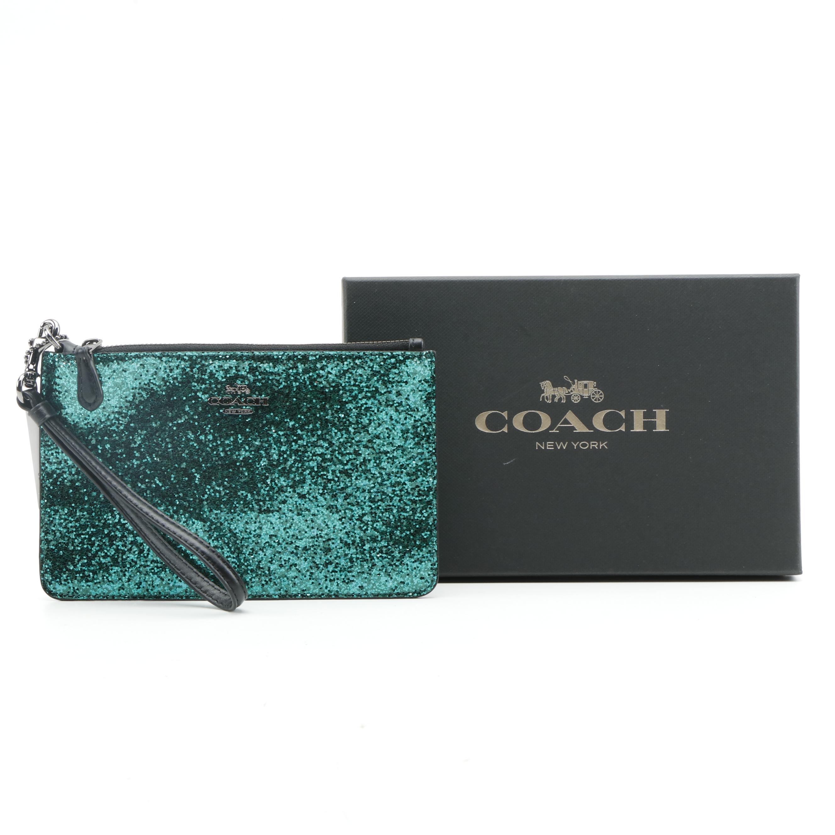 Coach Wizard of Oz Green Glitter Wristlet with Black Leather Trim and Box
