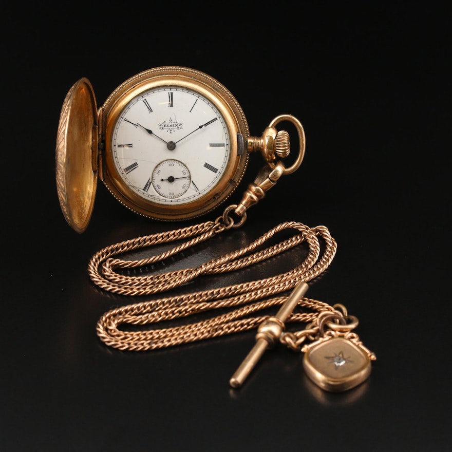 1918 Elgin Gold Filled Pocket Watch with Double Chain Fob