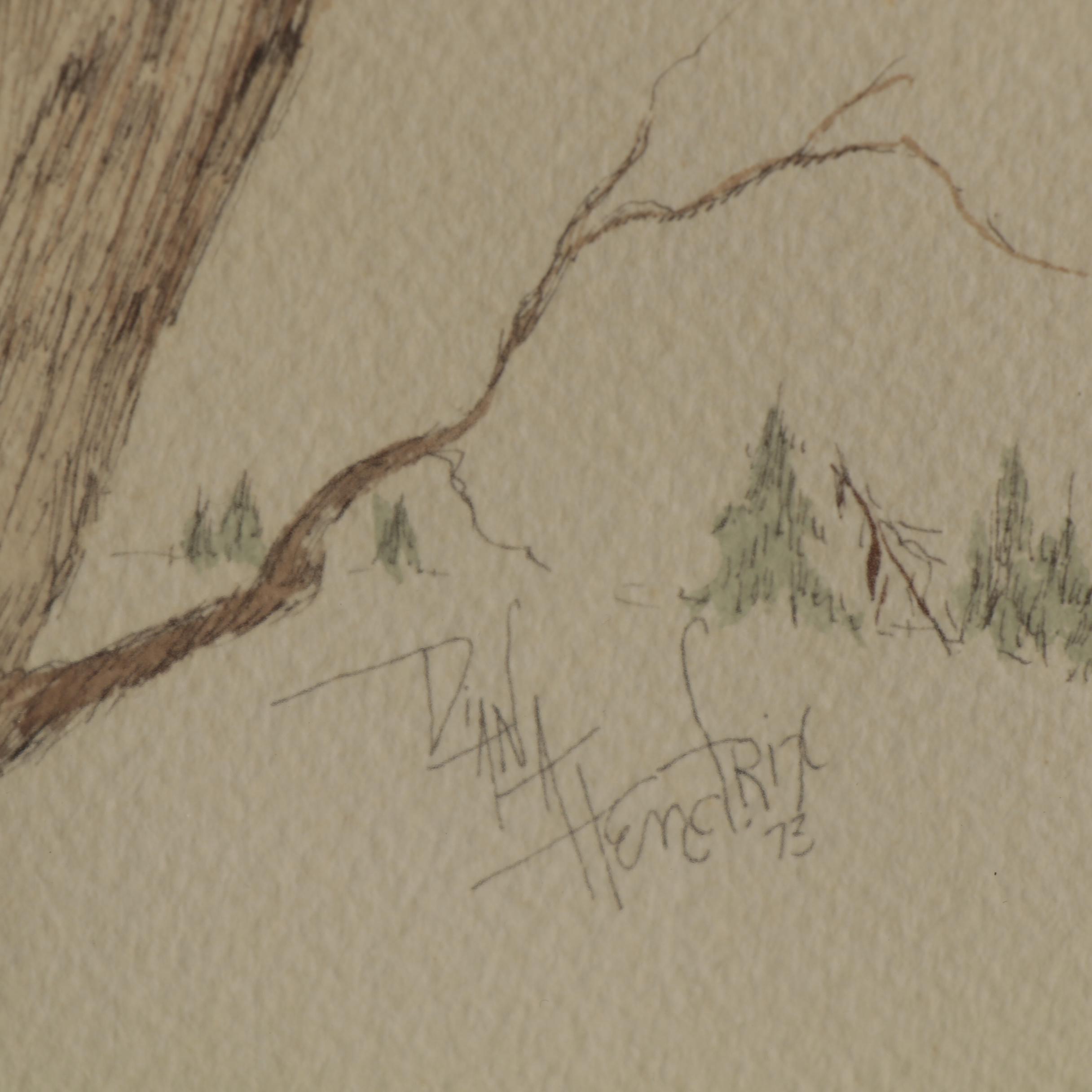 Diana Hendrix Ink and Watercolor Drawing of Owl, 1973