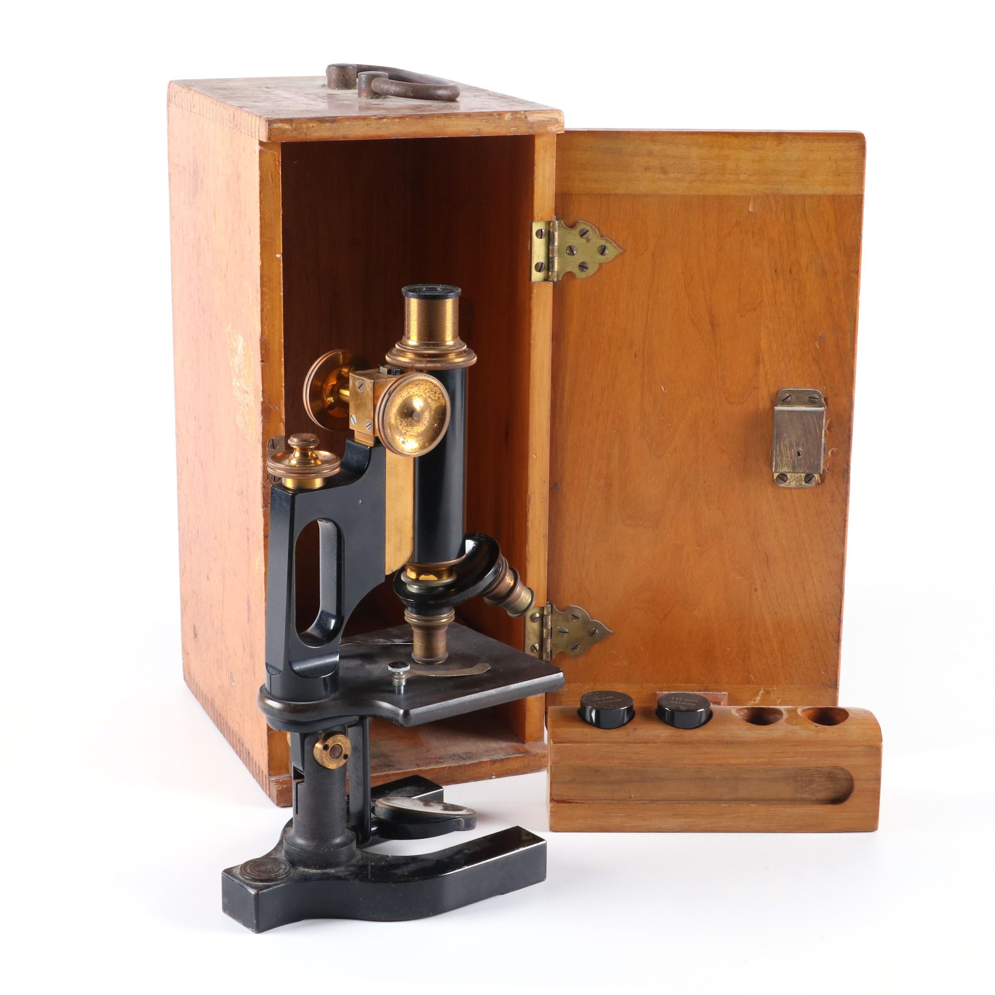 Bausch and Lomb Jug Handle Microscope with Oak Carry Case, Early 20th C