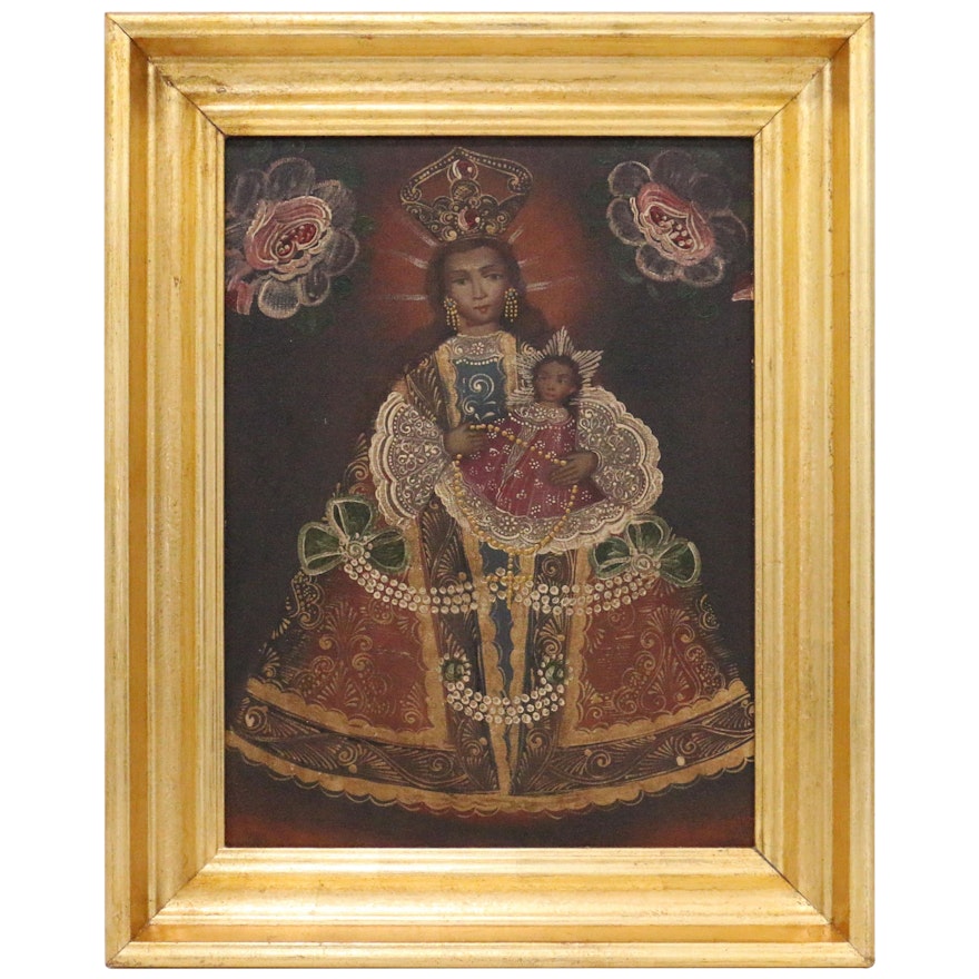 Cuzco School Style Oil Painting of Madonna and Child, Mid-20th Century