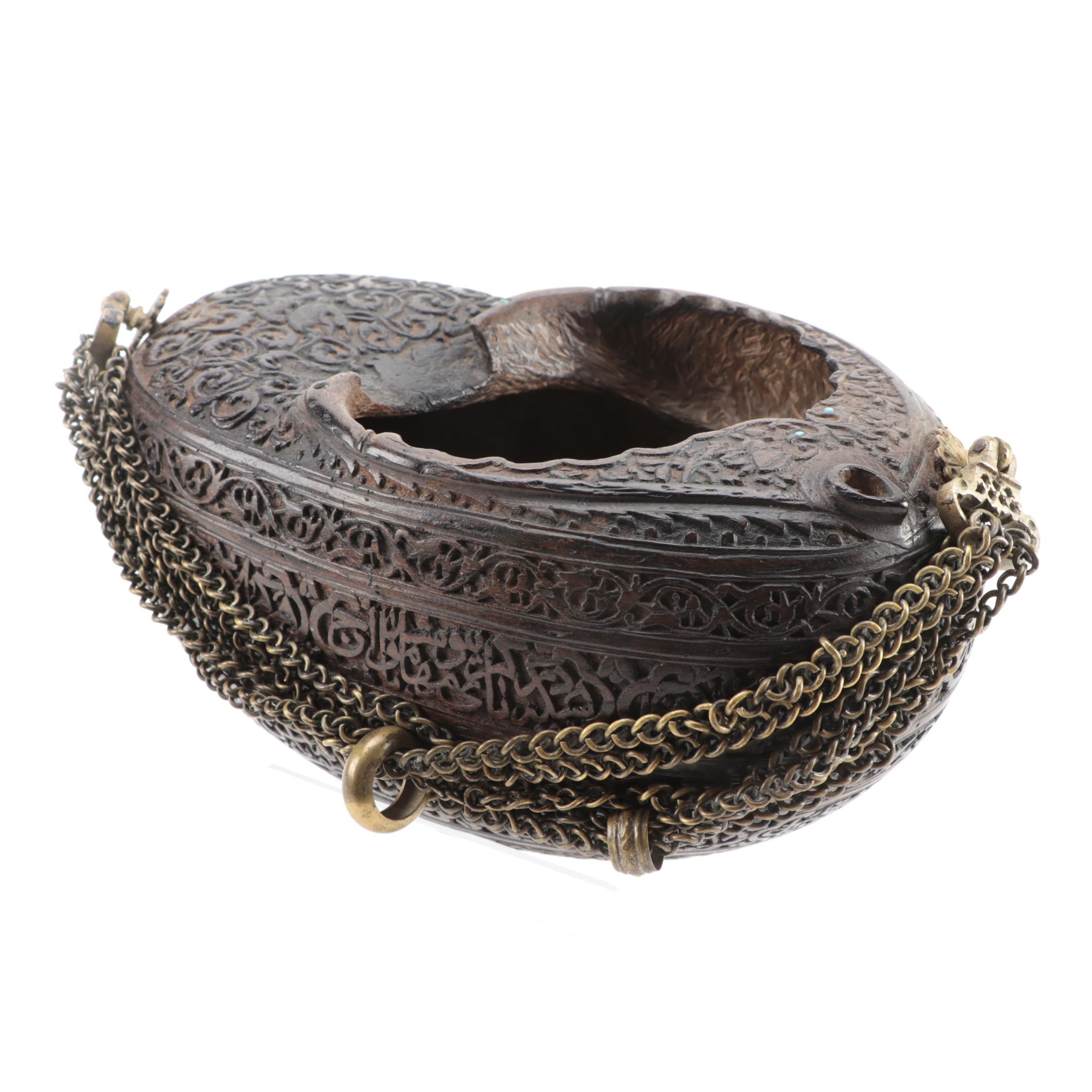 Qajar Carved Coco-de-Mer Sufi Kashkul Beggars Bowl, 19th Century