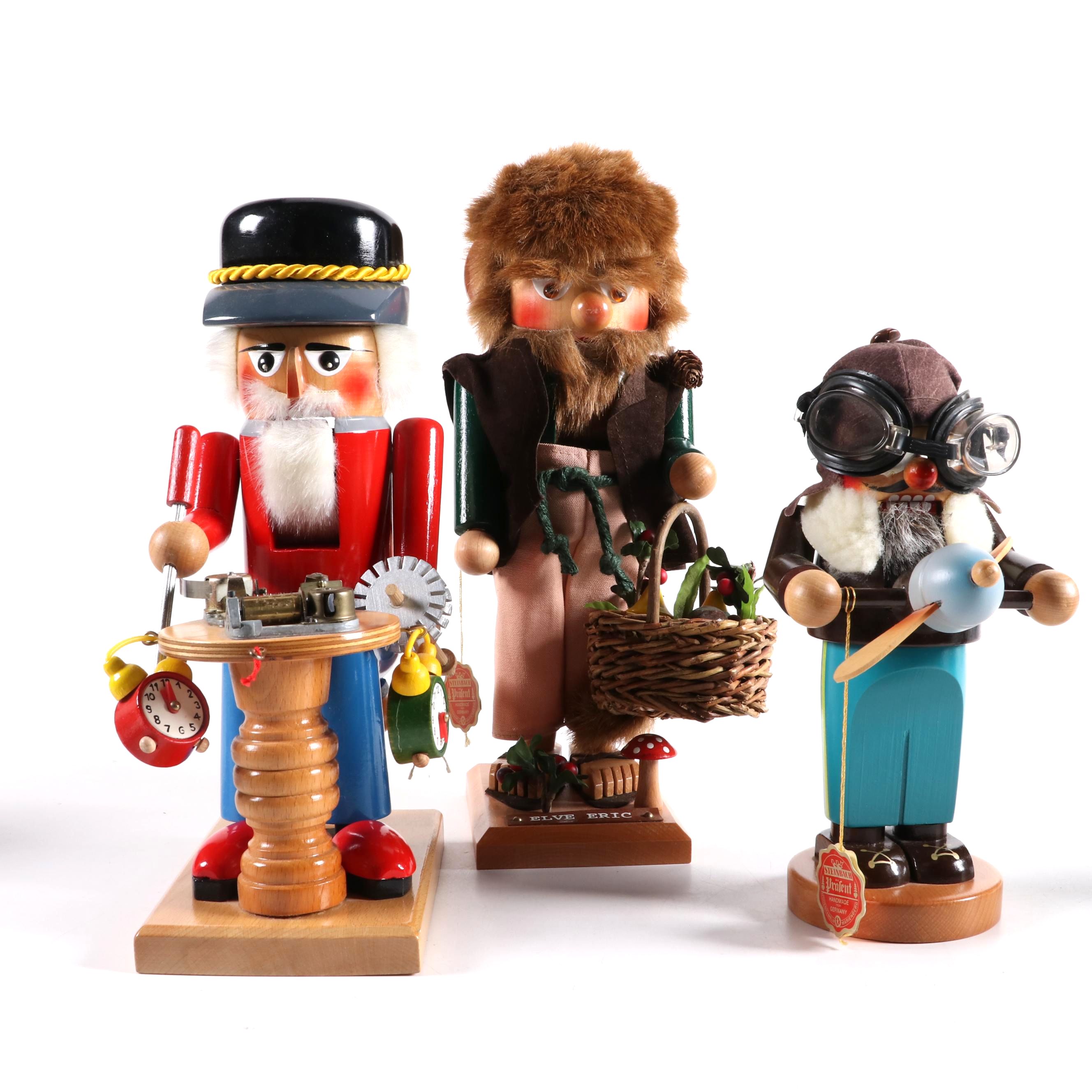 Steinbach "Clockmaker," "Pilot," and "Elve Eric" Vintage Nutcrackers