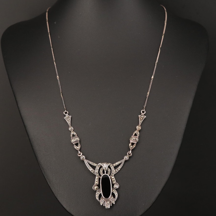 Vintage Sterling Black Onyx and Marcasite Necklace