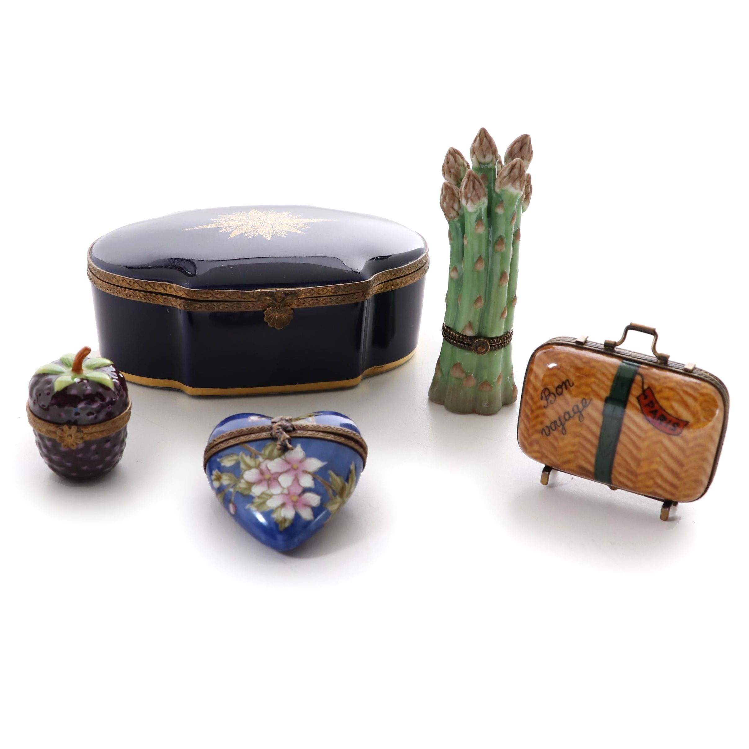 Hand-Painted Blackberry Limoges Porcelain Snuff Box with Other Decorative Boxes