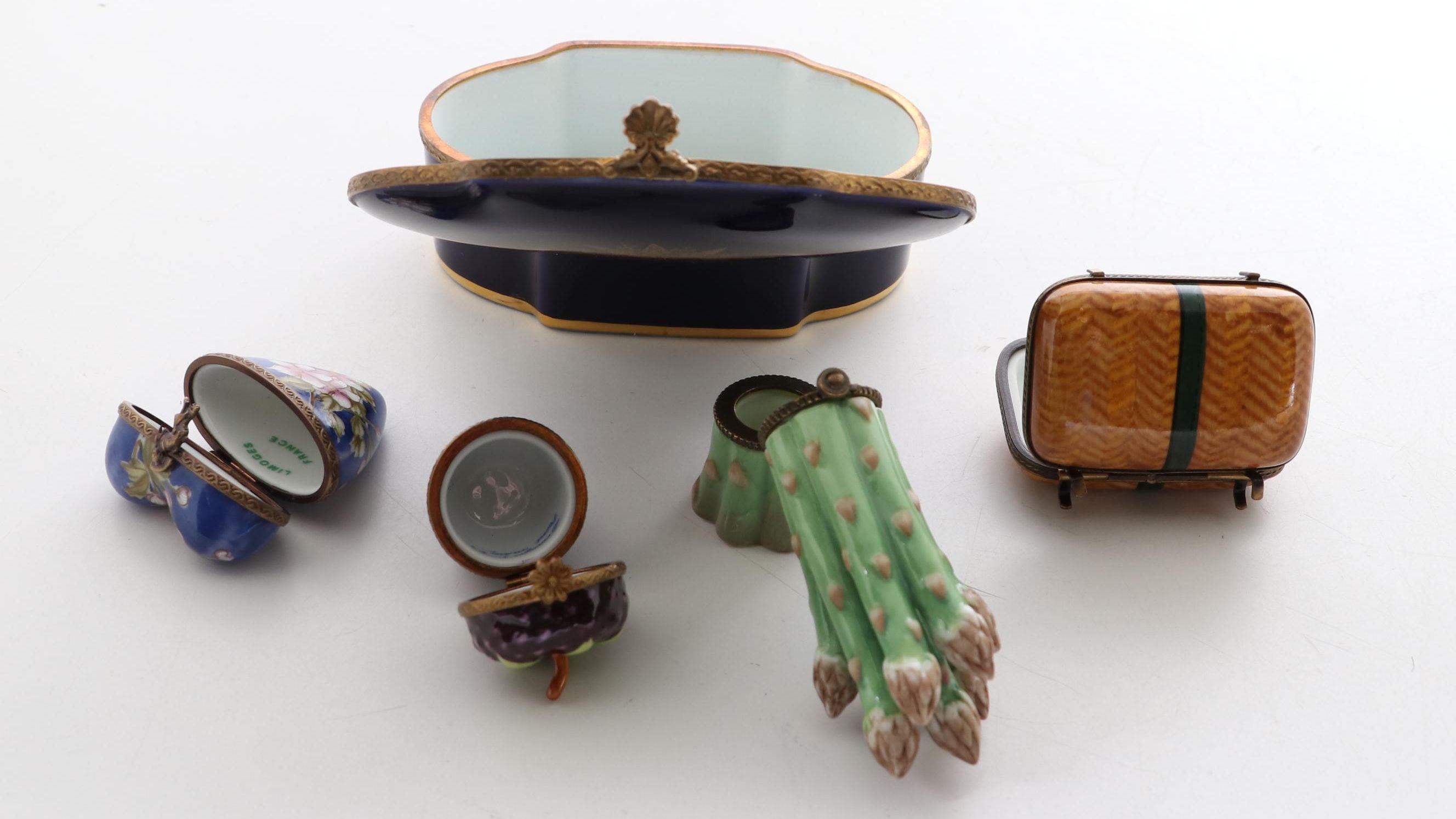 Hand-Painted Blackberry Limoges Porcelain Snuff Box with Other Decorative Boxes