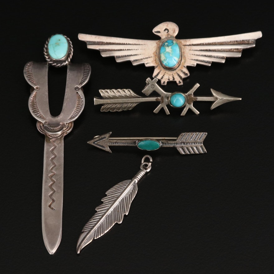 Western Sterling Jewelry Including Turquoise Featuring Eagle, Dog and Arrow