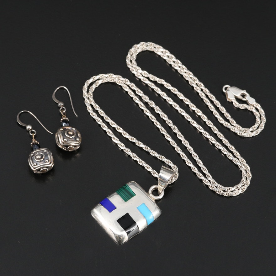 Mexican Sterling Silver Inlay Pendant Necklace with Bead Earrings