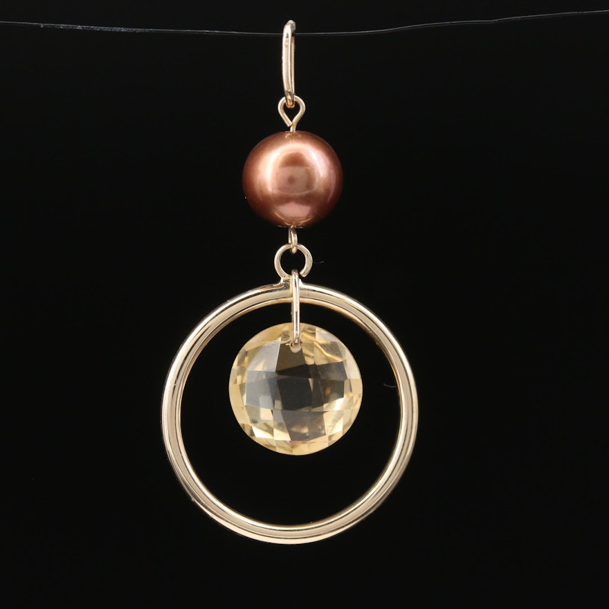 14K Citrine and Pearl Circle Dangle Pendant