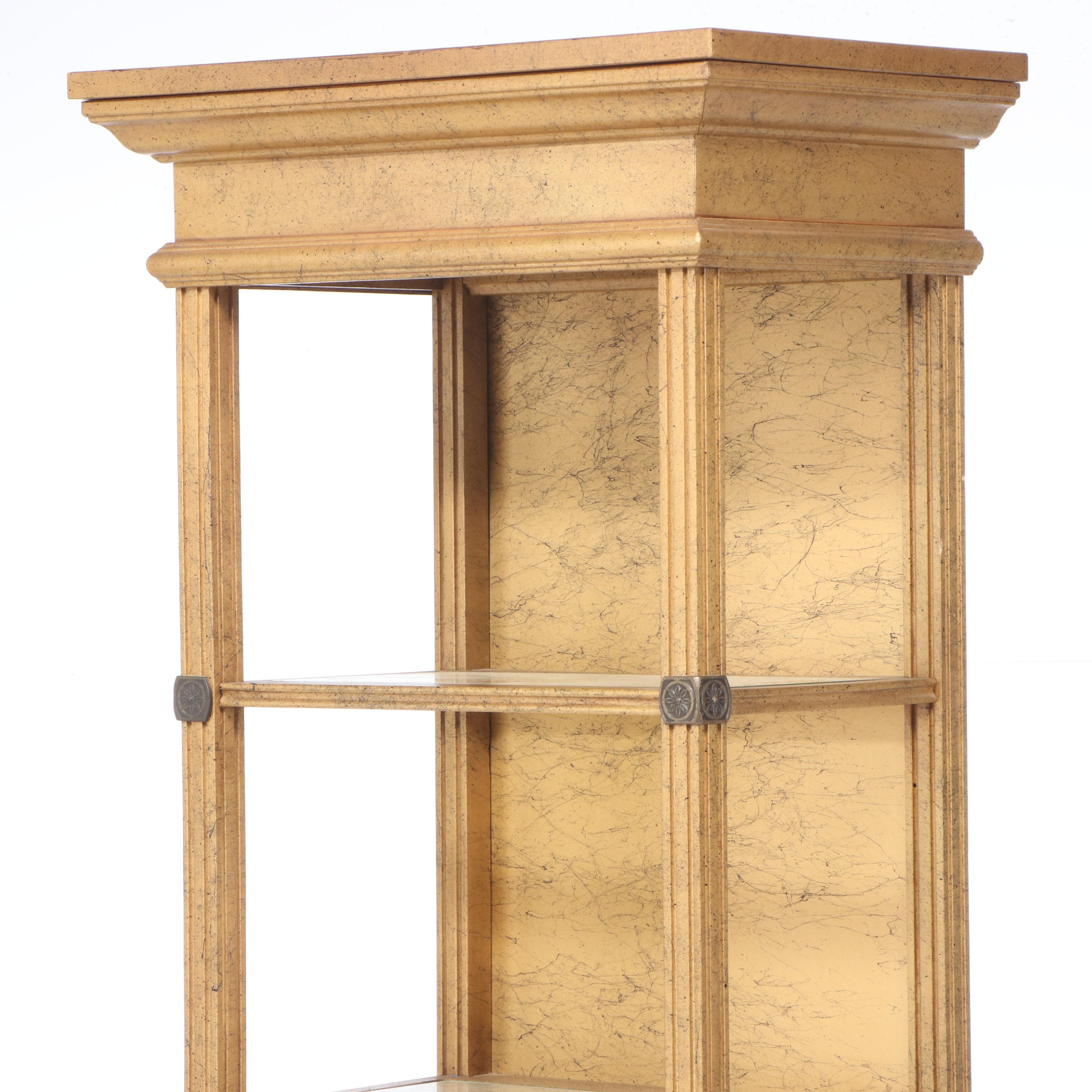 Neoclassical Style Marbleized Wood Illuminated Curio Cabinet with Glass Shelves