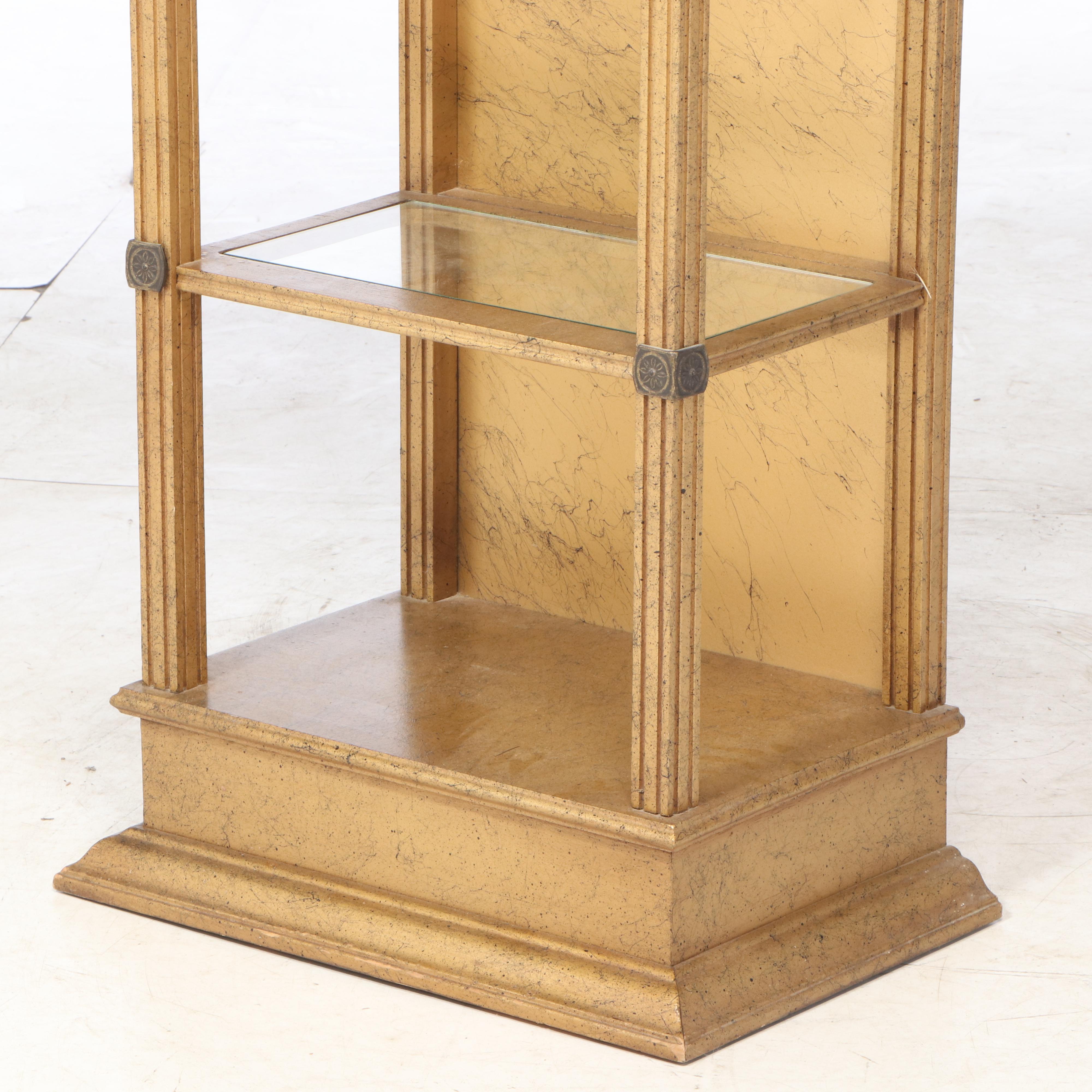 Neoclassical Style Marbleized Wood Illuminated Curio Cabinet with Glass Shelves