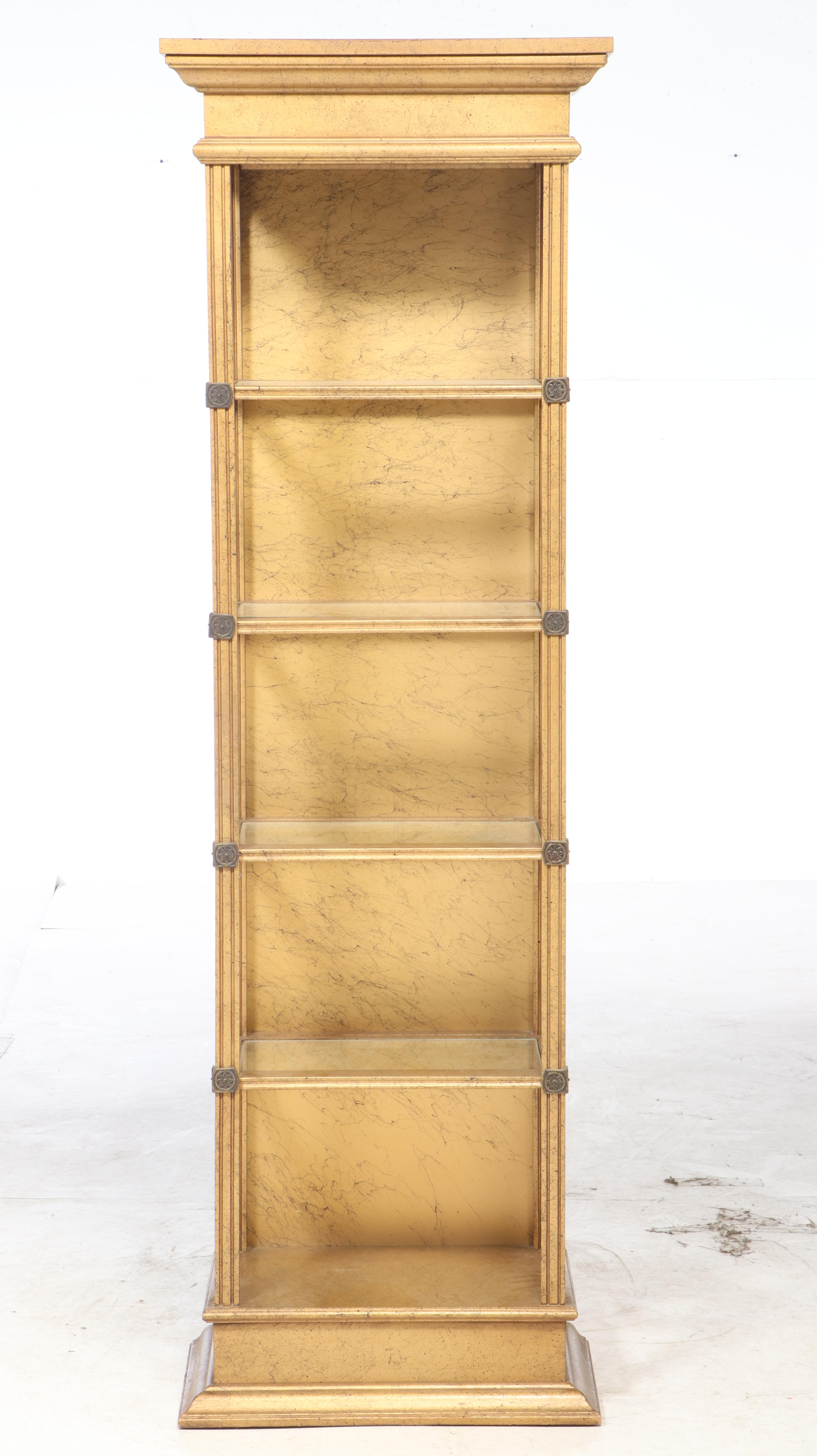 Neoclassical Style Marbleized Wood Illuminated Curio Cabinet with Glass Shelves