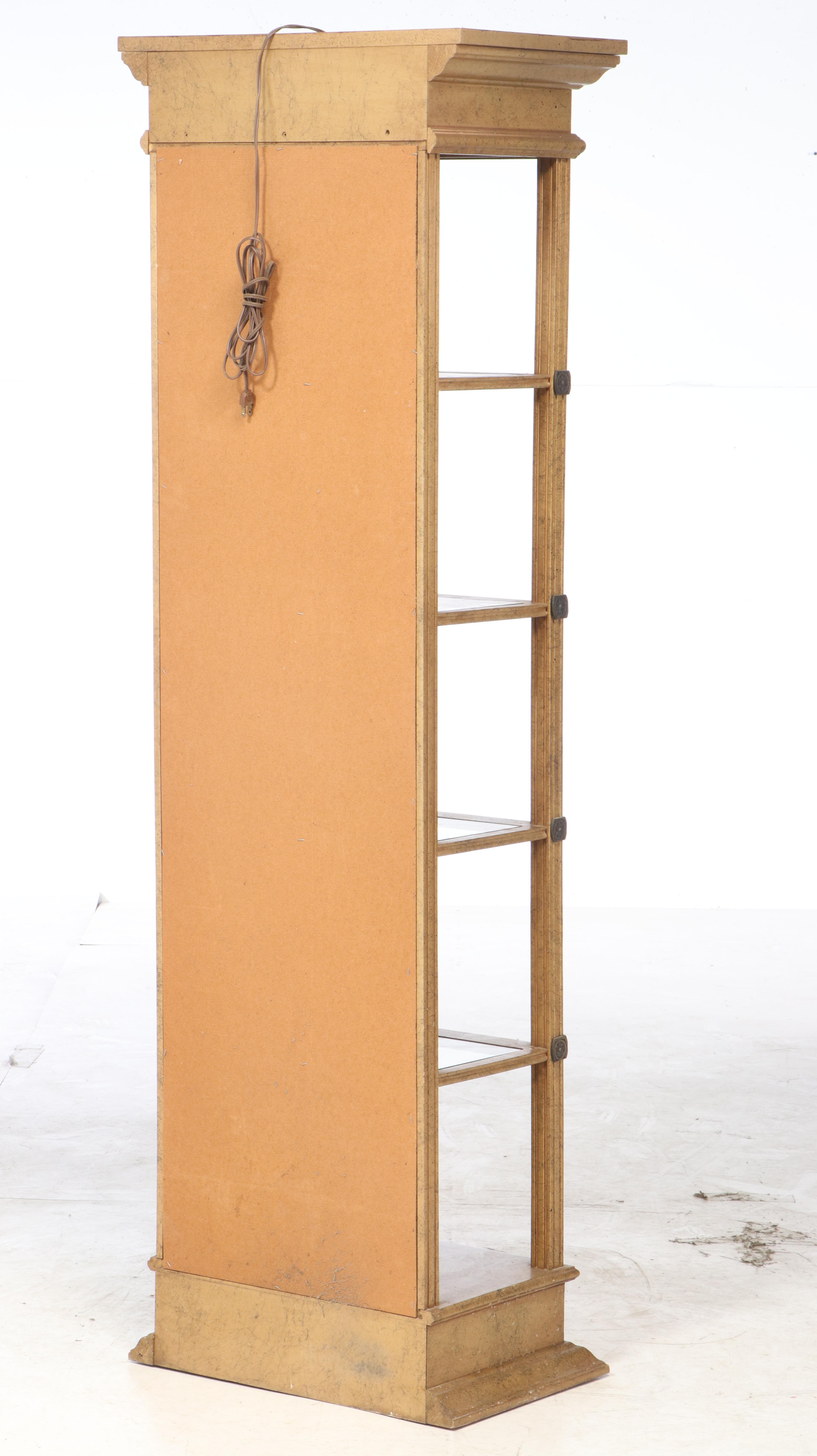 Neoclassical Style Marbleized Wood Illuminated Curio Cabinet with Glass Shelves