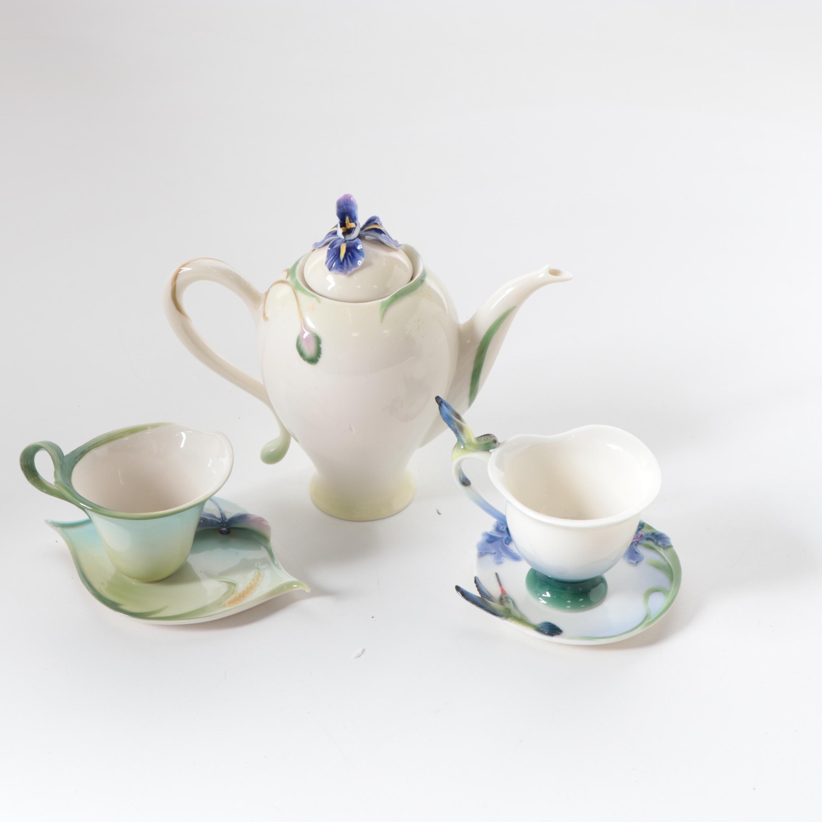 Franz Porcelain Hummingbird Teapot, Teacup Set and Other Tea Bag Rests
