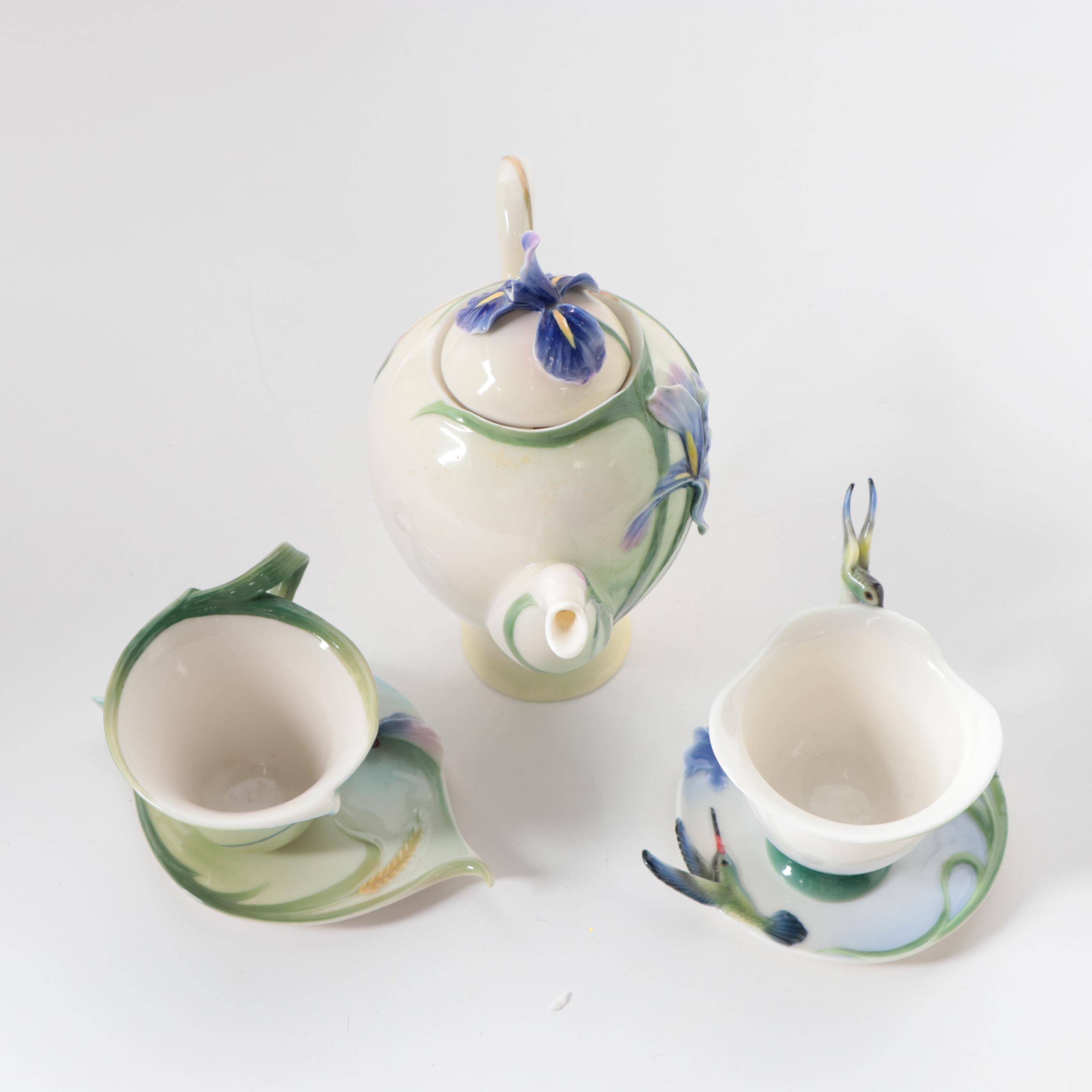 Franz Porcelain Hummingbird Teapot, Teacup Set and Other Tea Bag Rests