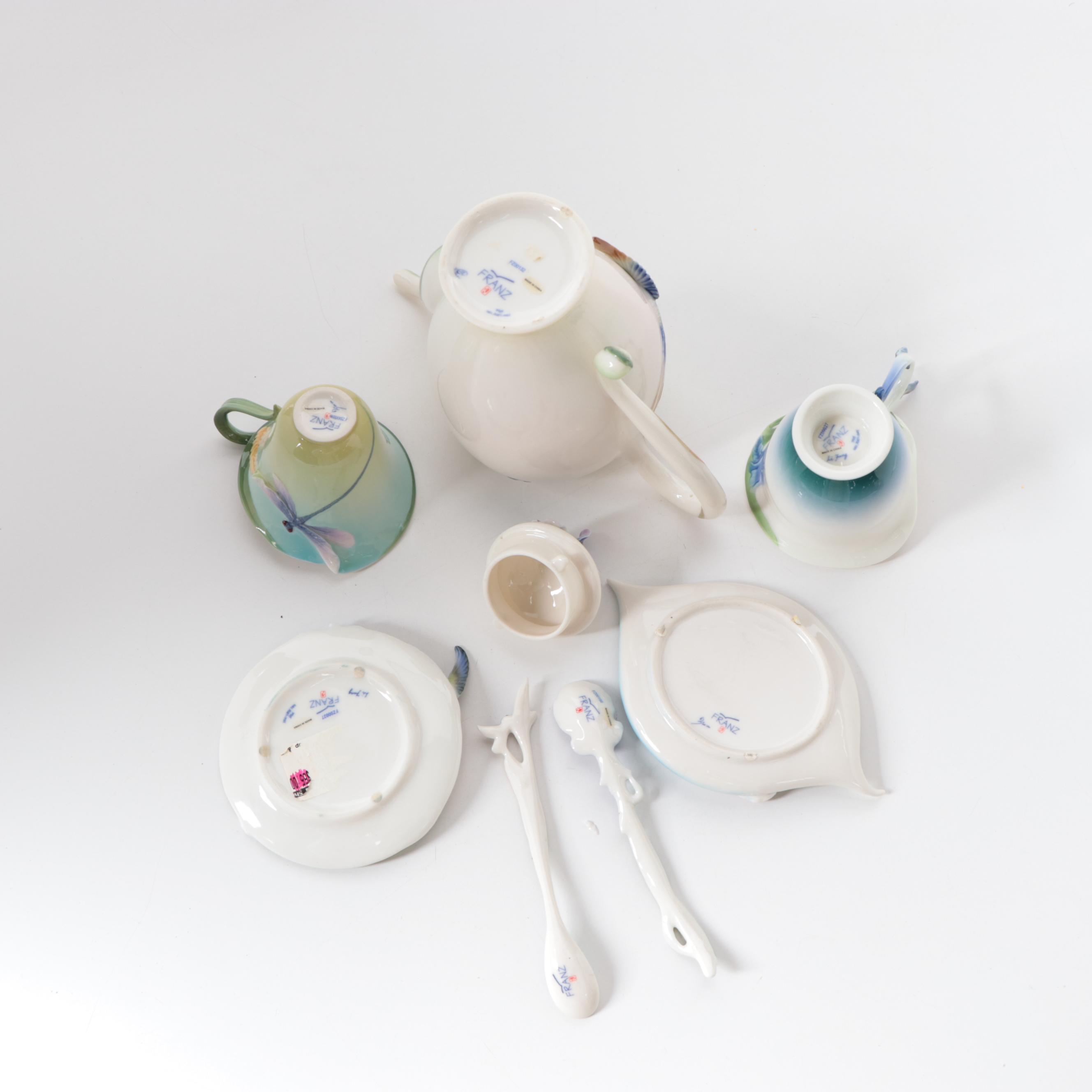 Franz Porcelain Hummingbird Teapot, Teacup Set and Other Tea Bag Rests